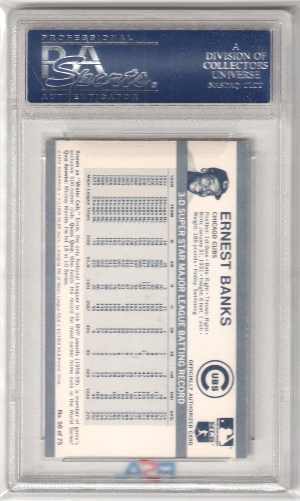 ERNIE BANKS 1971 Kellogg's 3D Super Stars #50 PSA 9 MINT - CUBS - Columbia Hobby - Sports Card Boxes - Toploaders - Card Savers