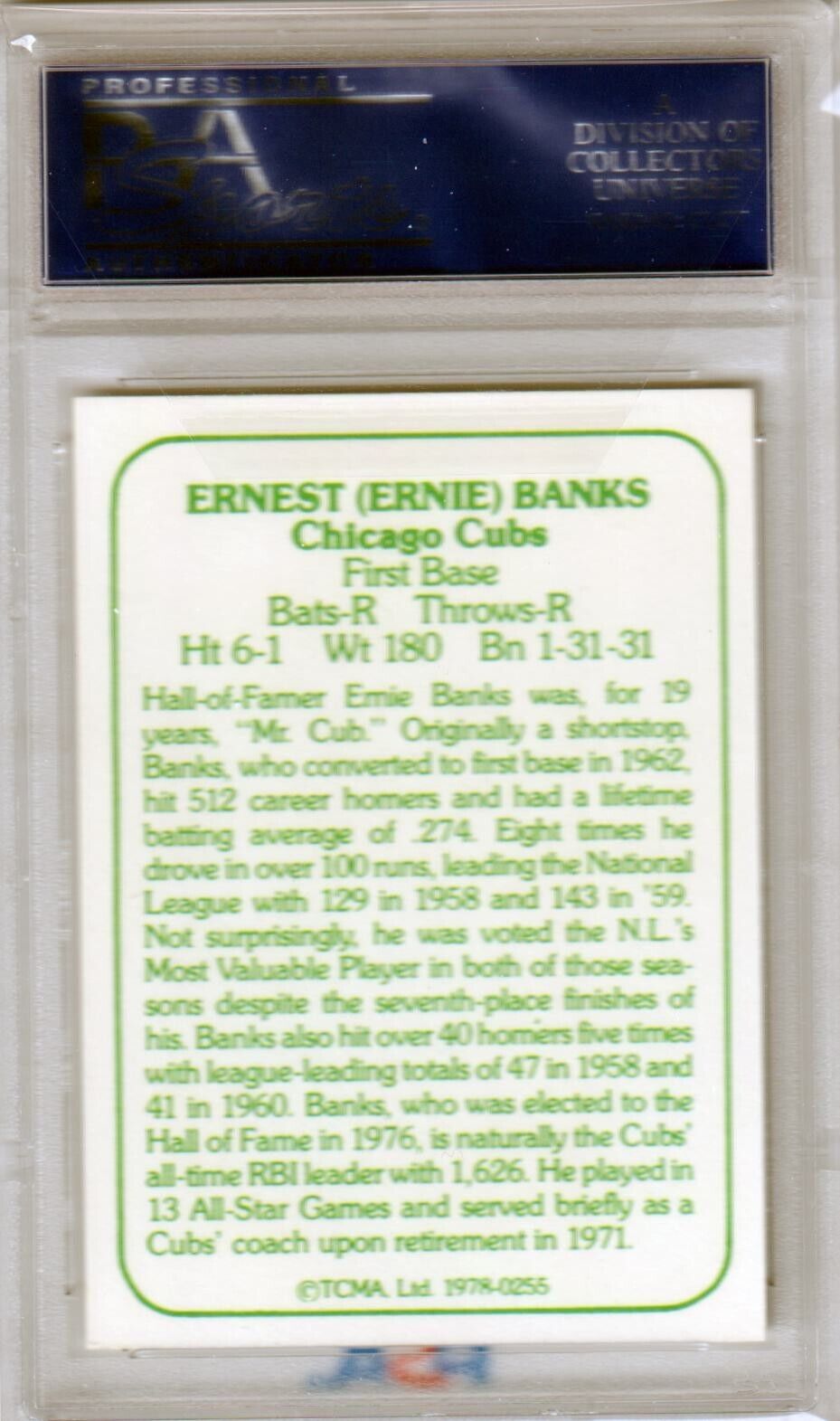 ERNIE BANKS 1978 TCMA #255 PSA 10 GEM MINT - CUBS - Columbia Hobby - Sports Card Boxes - Toploaders - Card Savers