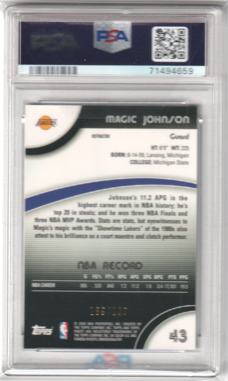 ERVIN MAGIC JOHNSON 2007 - 08 Topps Finest Blue Refractor #/199 PSA 9 MINT LAKERS - Columbia Hobby - Sports Card Boxes - Toploaders - Card Savers