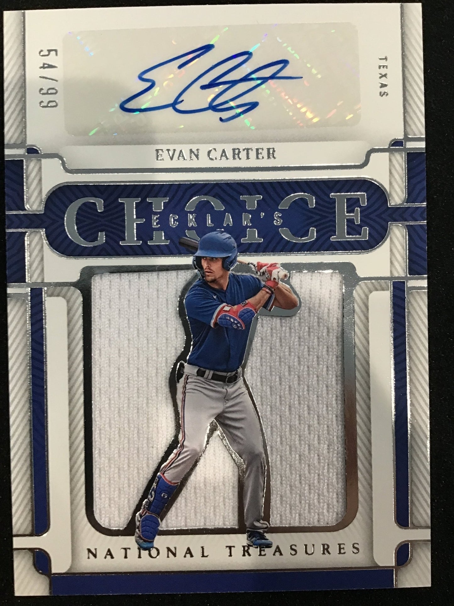 Evan Carter 2023 Panini National Treasures Patch Auto /99 #ECK - EC SP Rangers - Columbia Hobby - Sports Card Boxes - Toploaders - Card Savers