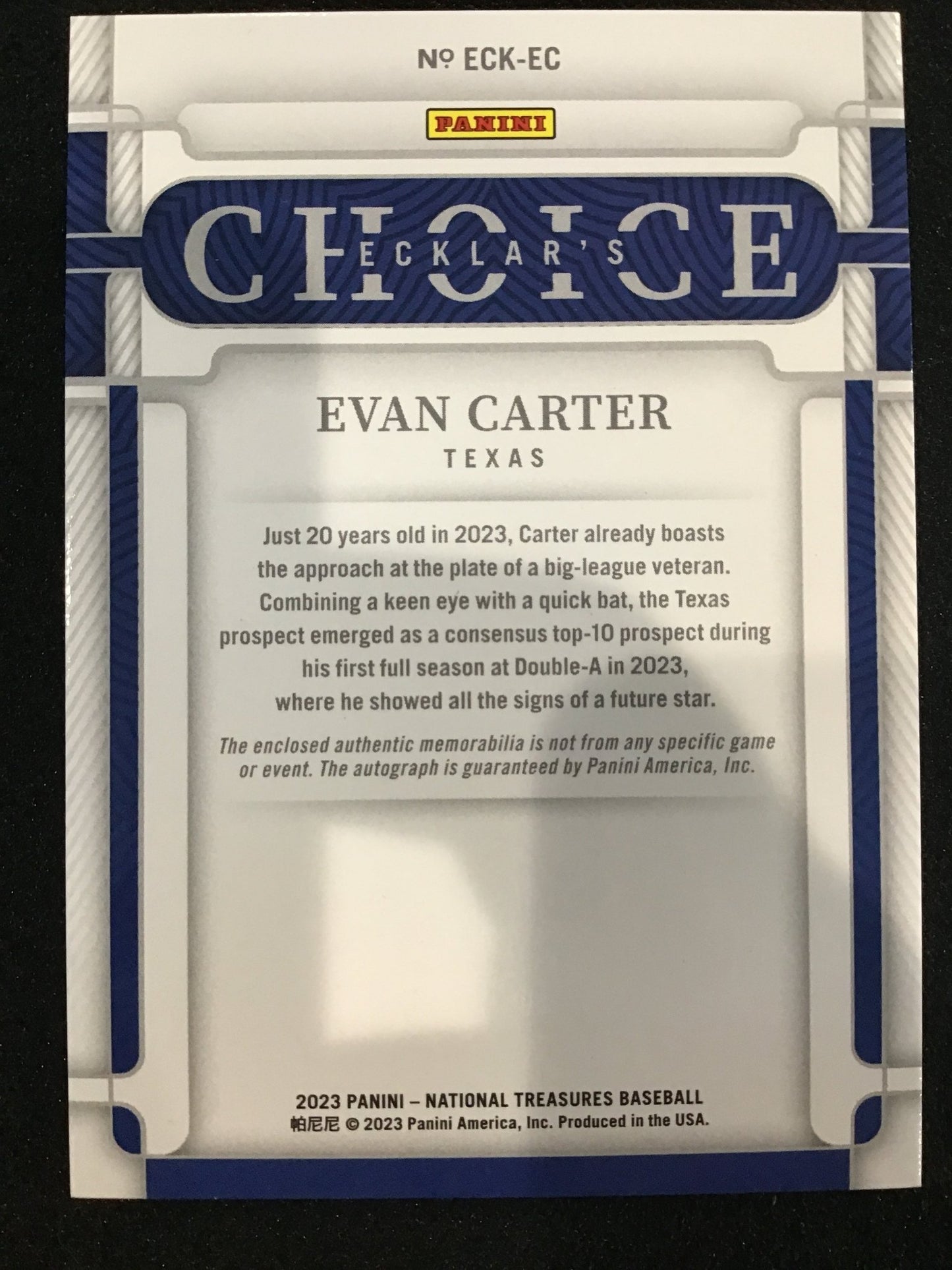 Evan Carter 2023 Panini National Treasures Patch Auto /99 #ECK - EC SP Rangers - Columbia Hobby - Sports Card Boxes - Toploaders - Card Savers
