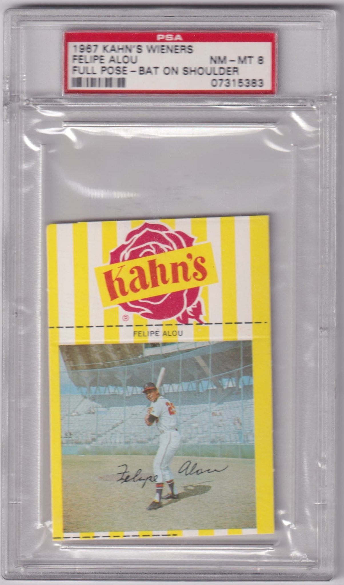FELIPE ALOU 1967 Kahn's Wieners Full Pose Bat On Shoulder PSA 8 NM - MT POP 10 - Columbia Hobby - Sports Card Boxes - Toploaders - Card Savers