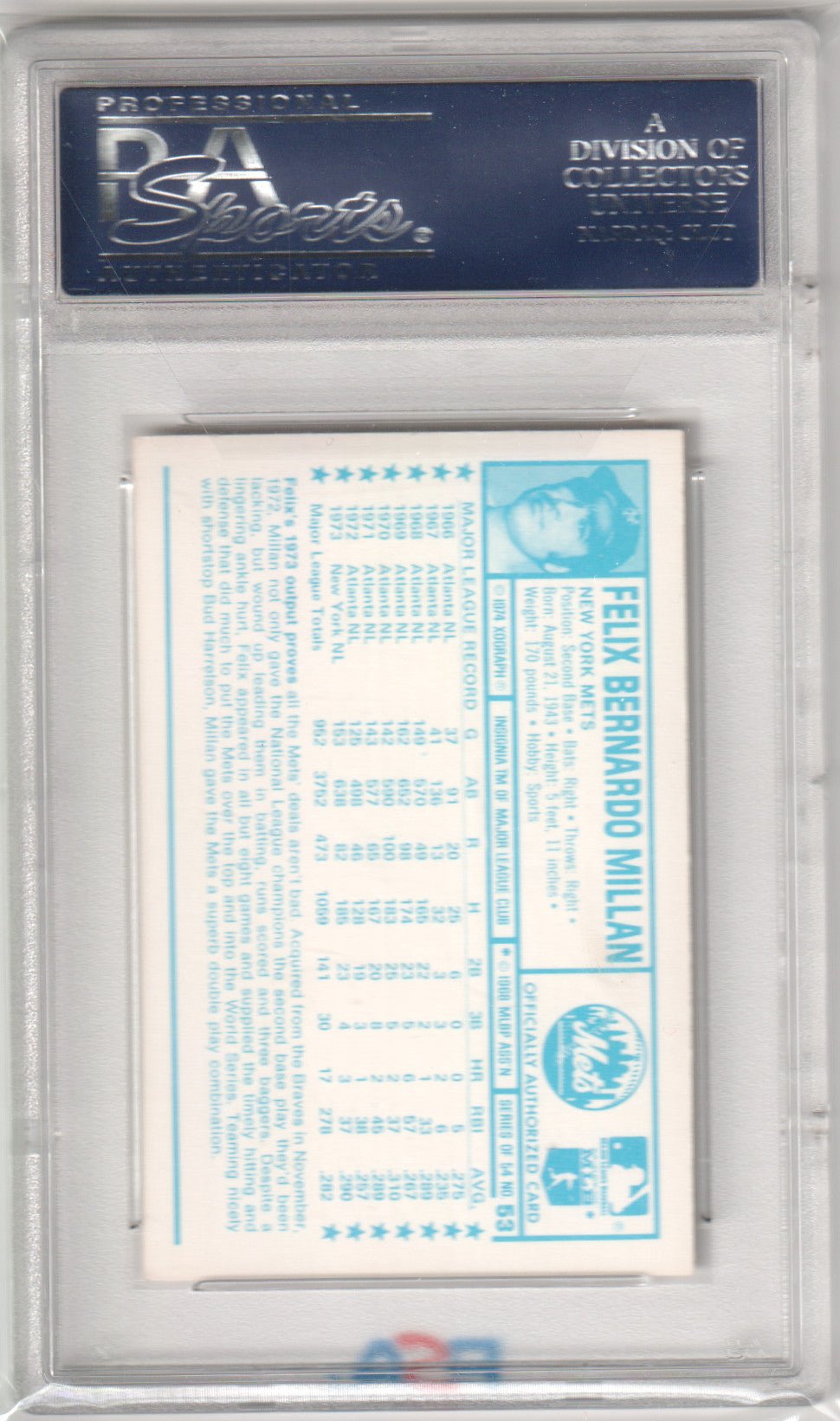 FELIX MILLAN 1974 Kellogg's 3D Super Stars 53 PSA 10 GEM MINT - METS - Columbia Hobby - Sports Card Boxes - Toploaders - Card Savers