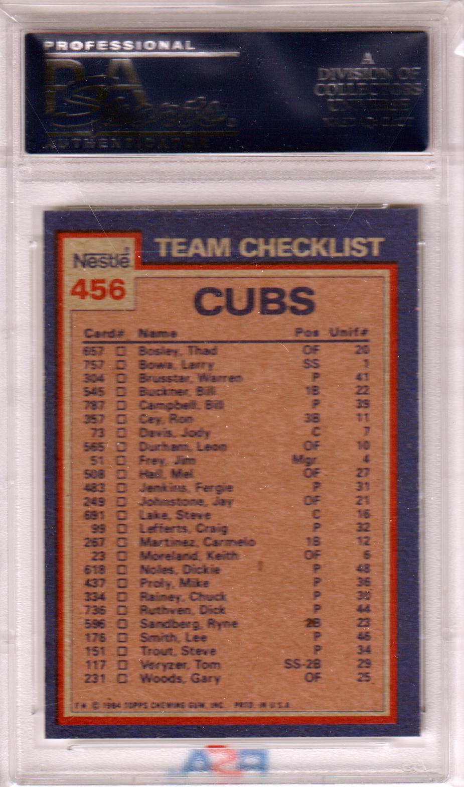 Fergie Jenkins 1984 Topps Nestle Cubs Leaders #456 PSA 9 MINT - CUBS Pop 14 - Columbia Hobby - Sports Card Boxes - Toploaders - Card Savers