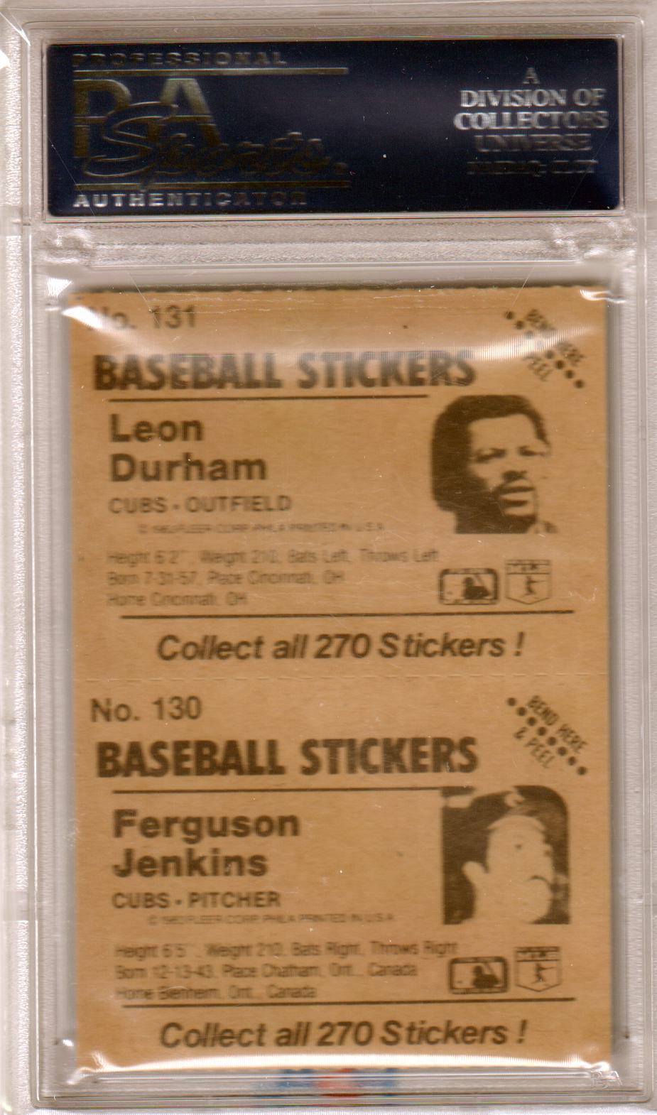 FERGUSON JENKINS 1983 Fleer Sticker Panel Leon Durham PSA 9 MINT - CUBS POP 1 - Columbia Hobby - Sports Card Boxes - Toploaders - Card Savers