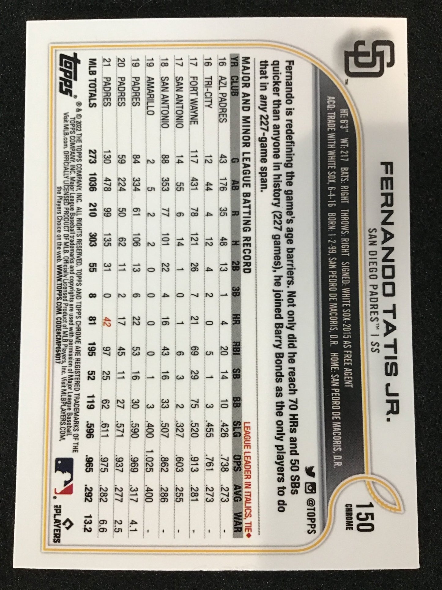 Fernando Tatis Jr 2022 Topps Chrome Image Variation #150 SP Padres - Columbia Hobby - Sports Card Boxes - Toploaders - Card Savers