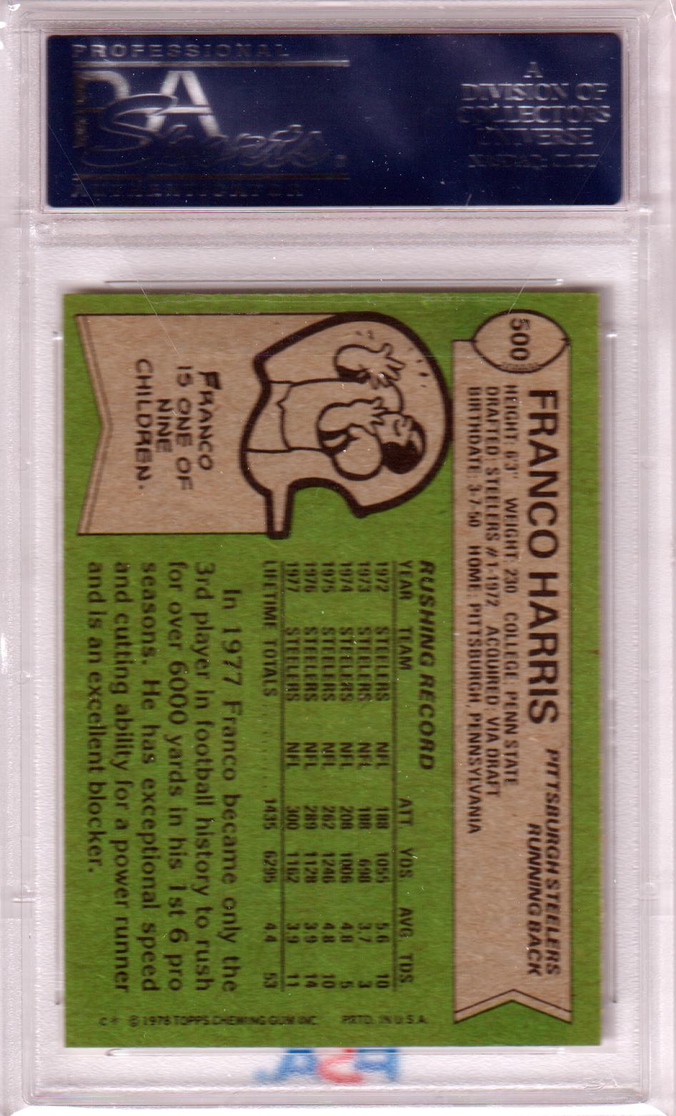 FRANCO HARRIS 1978 Topps #500 All Pro PSA 8 NM - MT - STEELERS - Columbia Hobby - Sports Card Boxes - Toploaders - Card Savers