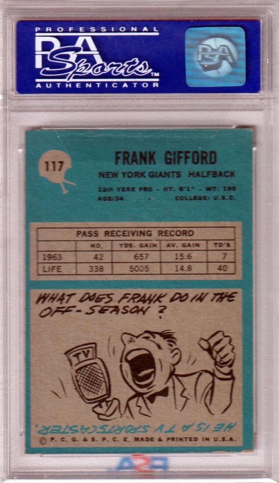 FRANK GIFFORD 1964 Philadelphia #117 PSA 8 NM - MT - GIANTS - Columbia Hobby - Sports Card Boxes - Toploaders - Card Savers