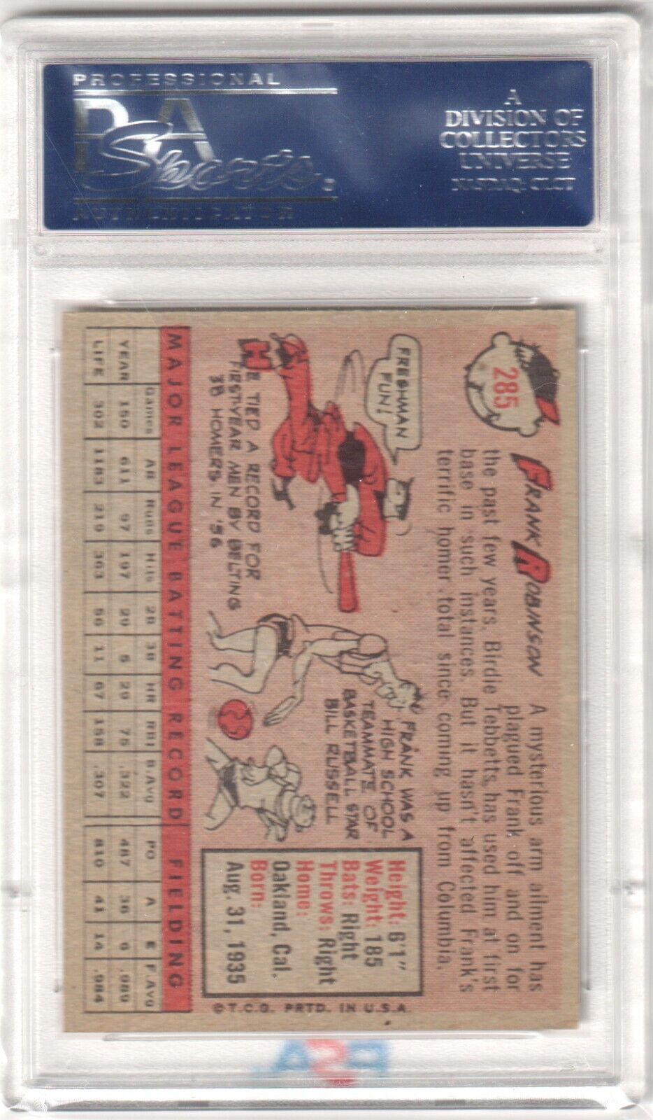 FRANK ROBINSON 1958 Topps #285 PSA 6 EX - MT - CINCINNATI REDLEGS - Columbia Hobby - Sports Card Boxes - Toploaders - Card Savers