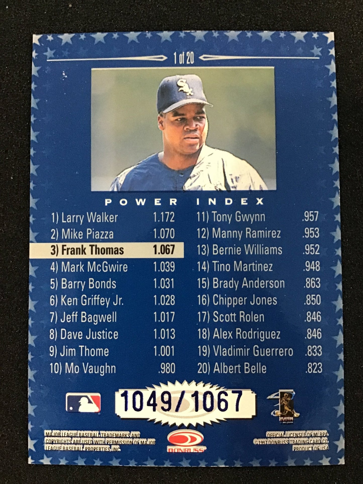 Frank Thomas 1998 Donruss 1 Production Line Power Index /1067 SP White Sox - Columbia Hobby - Sports Card Boxes - Toploaders - Card Savers