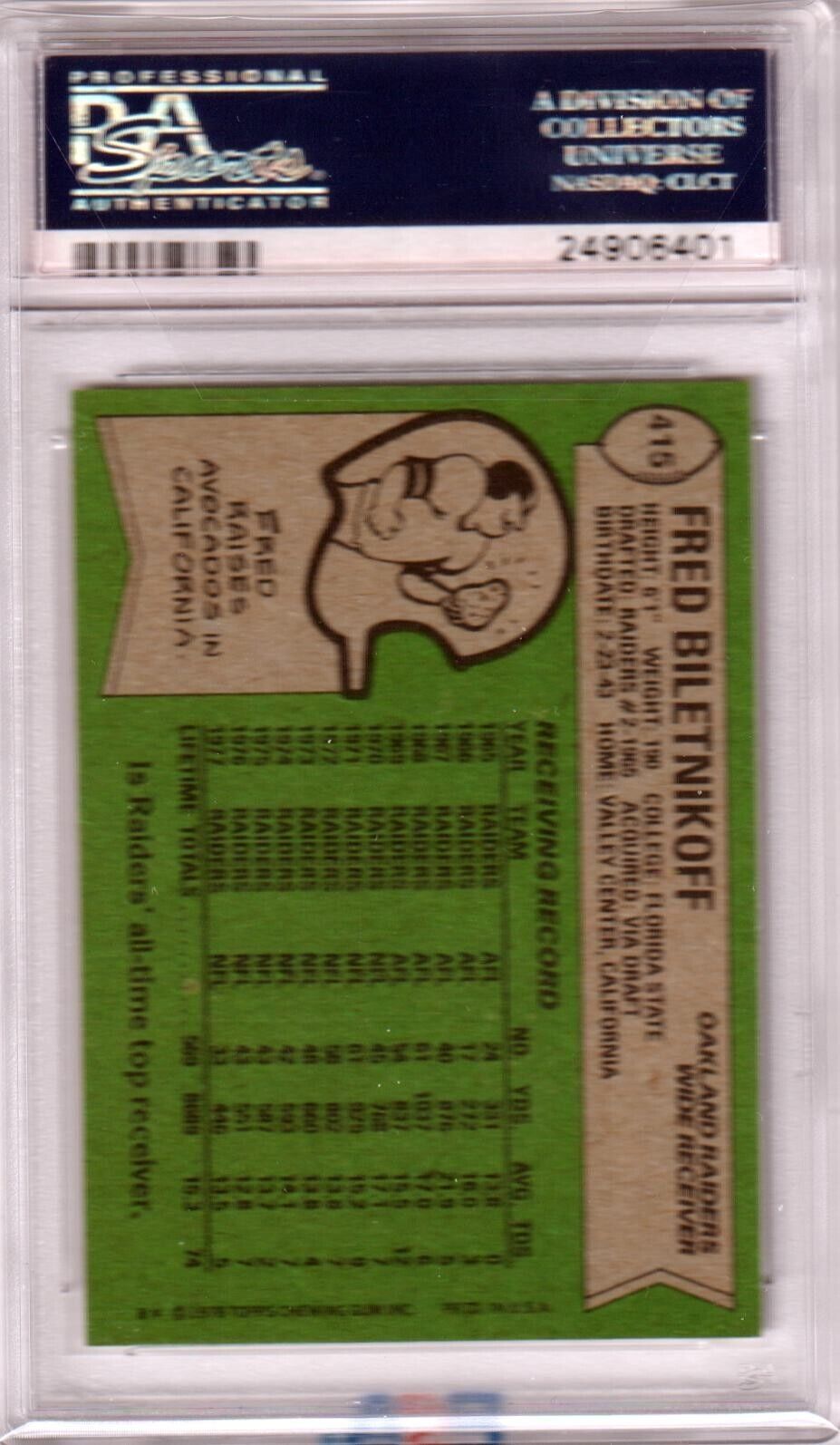 FRED BILETNIKOFF 1978 Topps #415 PSA 9 MINT - RAIDERS - Columbia Hobby - Sports Card Boxes - Toploaders - Card Savers