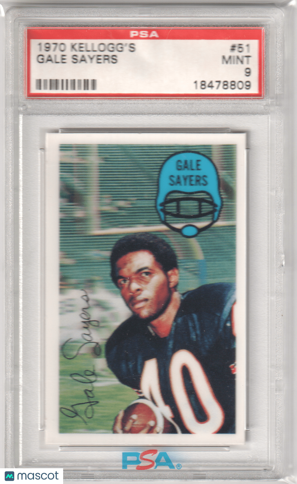 GALE SAYERS 1970 Kellogg's 51 PSA 9 MINT - BEARS - Columbia Hobby - Sports Card Boxes - Toploaders - Card Savers