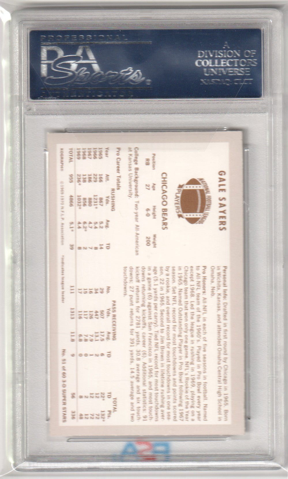 GALE SAYERS 1970 Kellogg's 51 PSA 9 MINT - BEARS - Columbia Hobby - Sports Card Boxes - Toploaders - Card Savers
