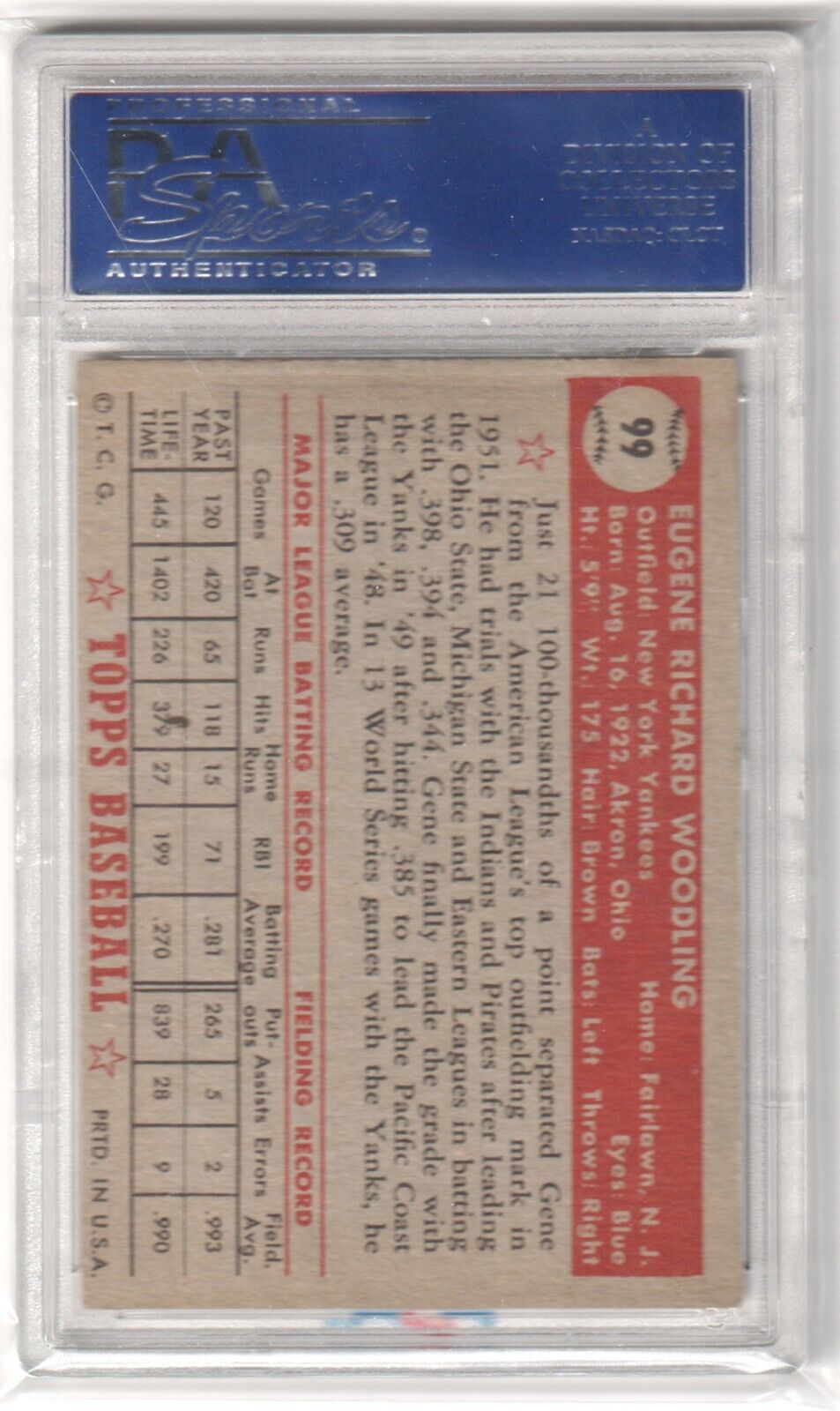 GENE WOODLING 1952 Topps #99 PSA 6 EX - MT - YANKEES - Columbia Hobby - Sports Card Boxes - Toploaders - Card Savers