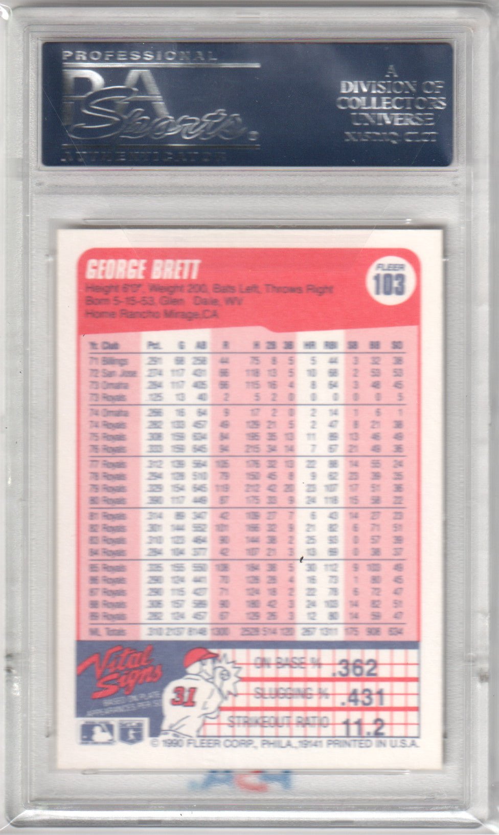 GEORGE BRETT 1990 Fleer #103 PSA 10 GEM MINT - ROYALS - Columbia Hobby - Sports Card Boxes - Toploaders - Card Savers