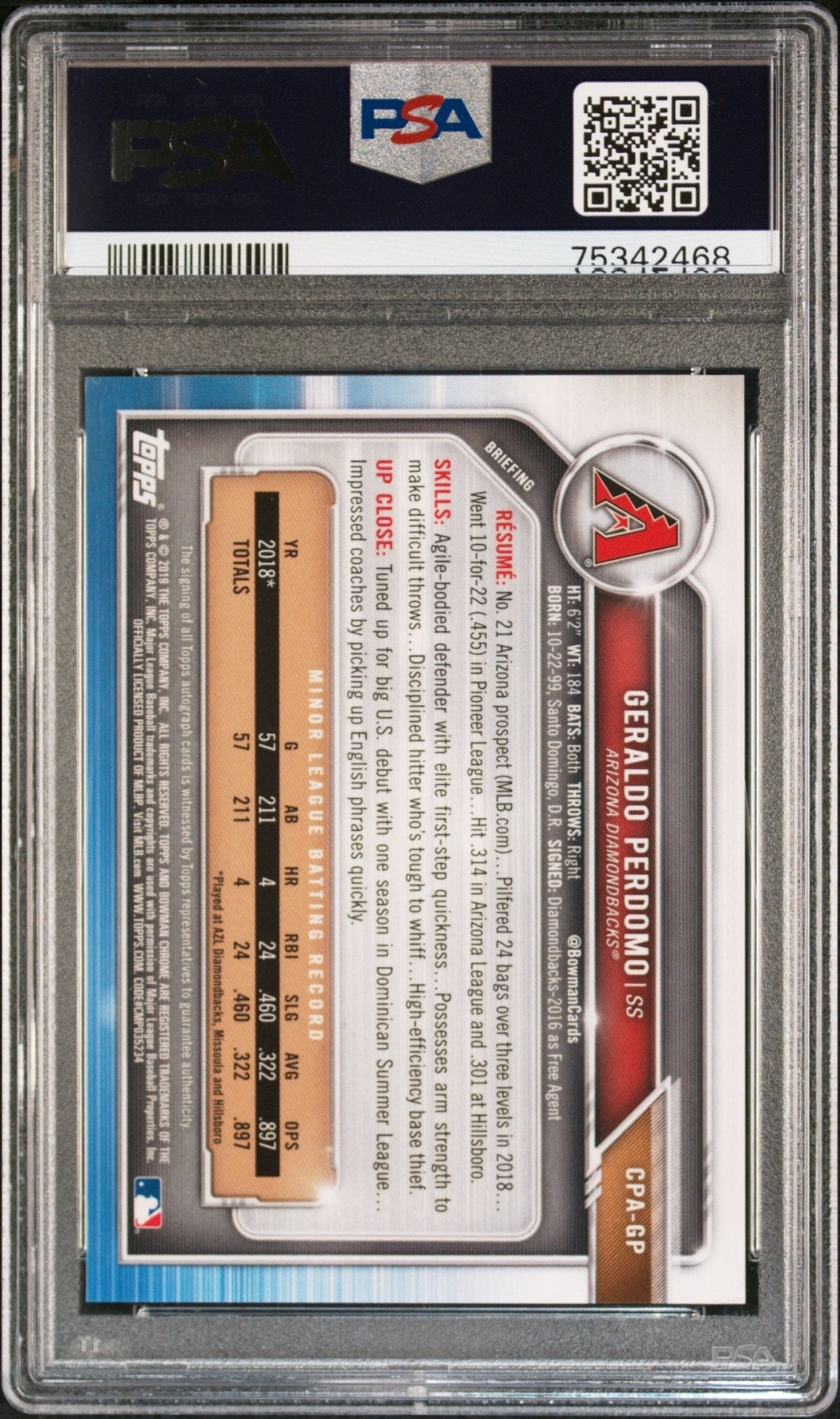 GERALDO PERDOMO 2019 Bowman Chrome Prospects Autographs RC Rookie PSA 9 MINT - Columbia Hobby - Sports Card Boxes - Toploaders - Card Savers
