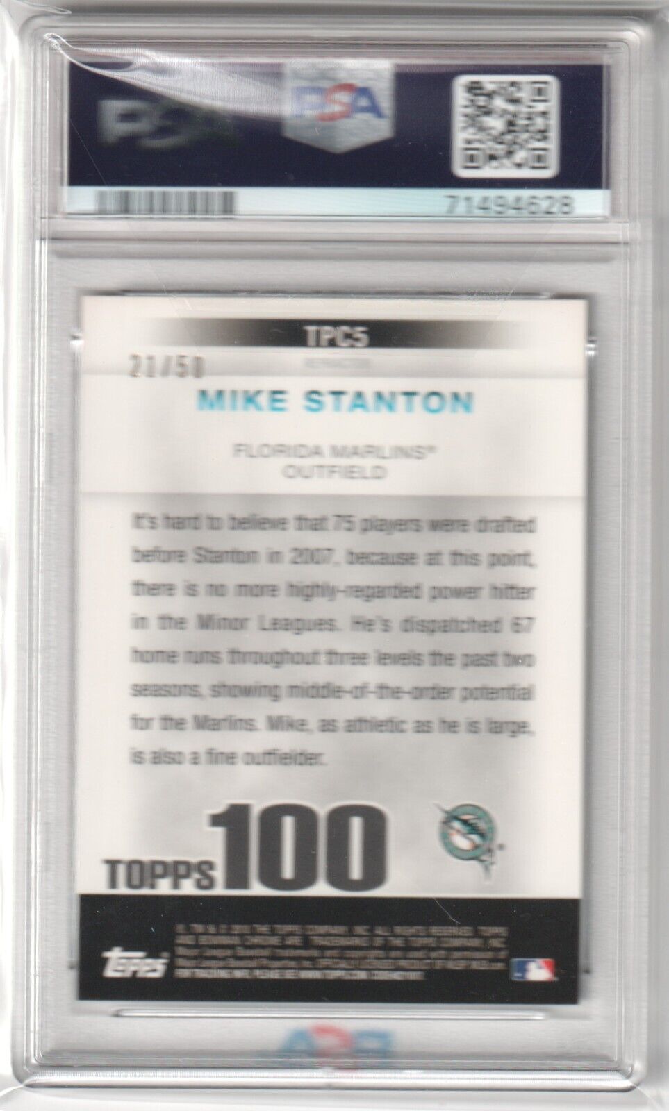 GIANCARLO MIKE STANTON 2010 Bowman Chrome Gold Refractor #TPC5 PSA 8 NM - MT #/50 - Columbia Hobby - Sports Card Boxes - Toploaders - Card Savers
