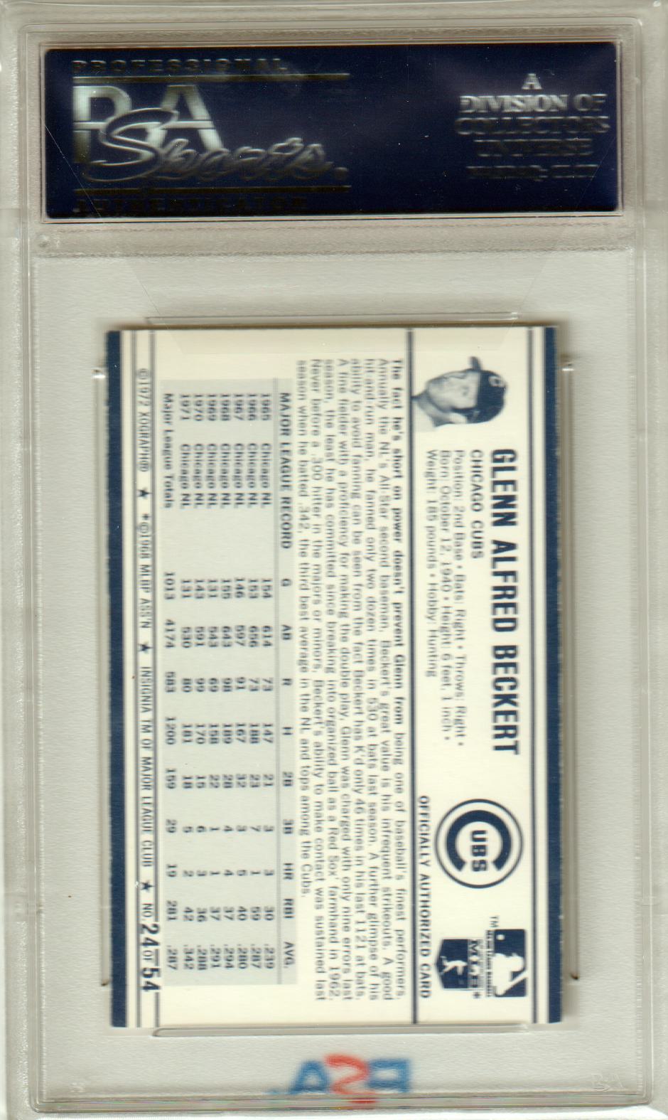 GLENN BECKERT 1972 Kellogg's #24 PSA 9 MINT - CUBS - Columbia Hobby - Sports Card Boxes - Toploaders - Card Savers