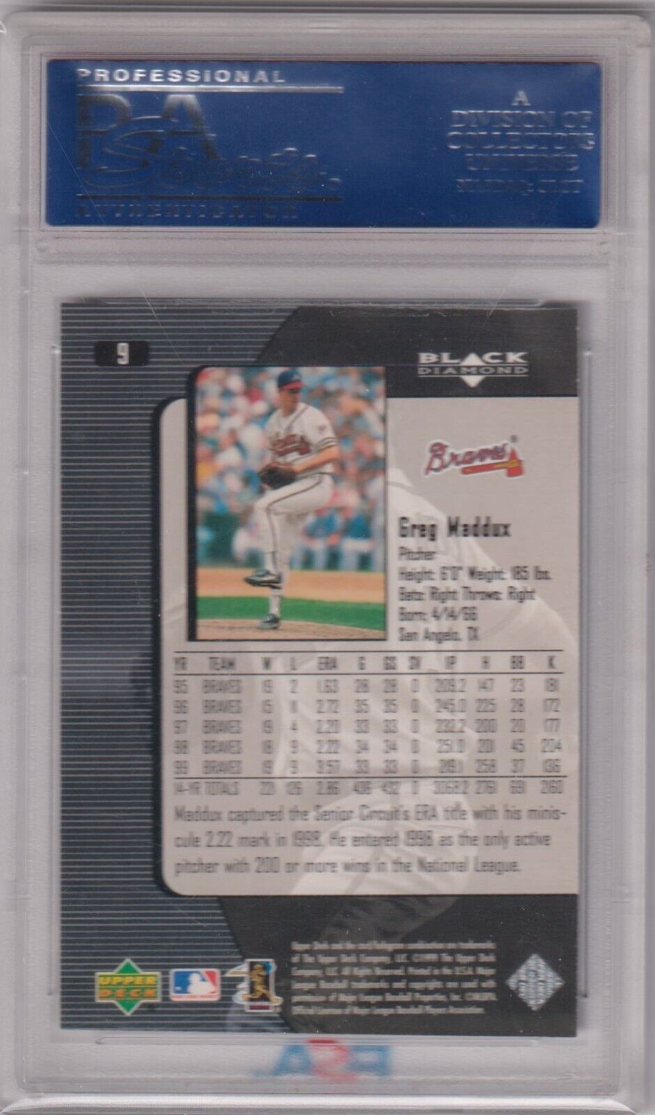 GREG MADDUX 2000 Upper Deck Black Diamond #9 PSA 9 MINT - BRAVES - Columbia Hobby - Sports Card Boxes - Toploaders - Card Savers