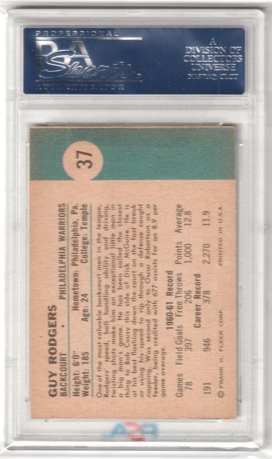 GUY RODGERS 1961 Fleer Basketball RC Rookie #37 PSA 6 EX - MT - Columbia Hobby - Sports Card Boxes - Toploaders - Card Savers