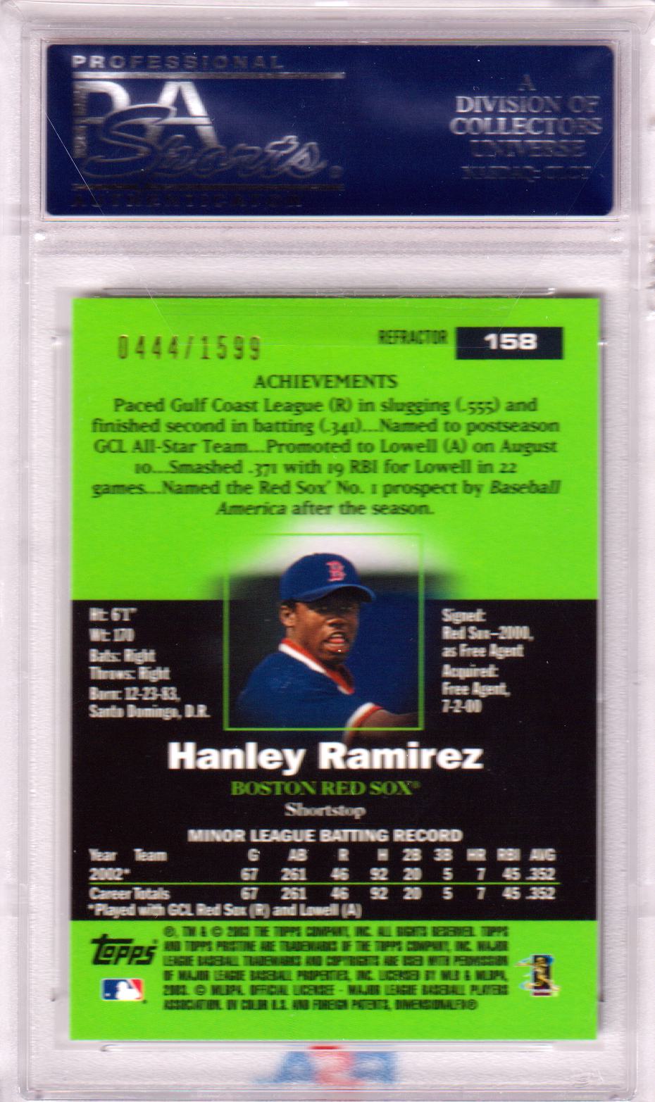 HANLEY RAMIREZ 2003 Topps Pristine Refractor #/1599 PSA 10 GEM - RED SOX Pop 15 - Columbia Hobby - Sports Card Boxes - Toploaders - Card Savers