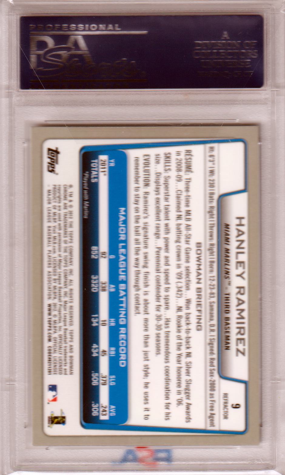 HANLEY RAMIREZ 2012 Bowman Chrome #9 Refractor PSA 10 GEM MINT Pop 1 - Columbia Hobby - Sports Card Boxes - Toploaders - Card Savers