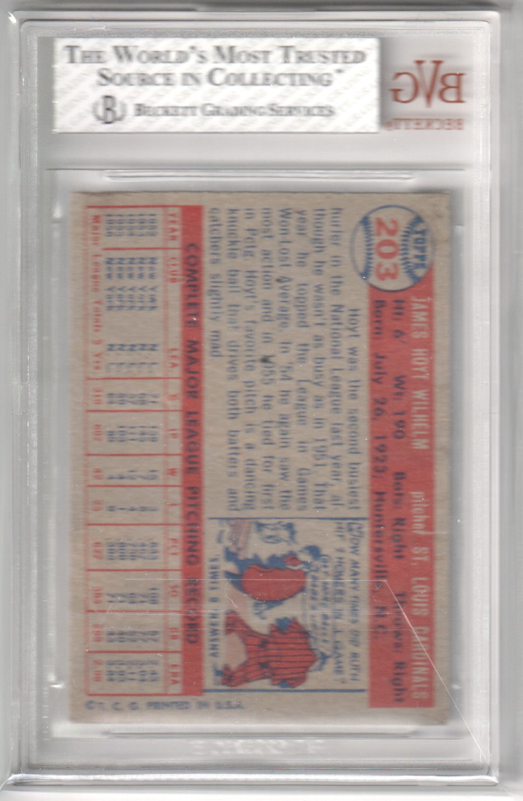 HOYT WILHELM 1957 Topps 203 BVG 2.5 G - VG - CARDINALS - Columbia Hobby - Sports Card Boxes - Toploaders - Card Savers