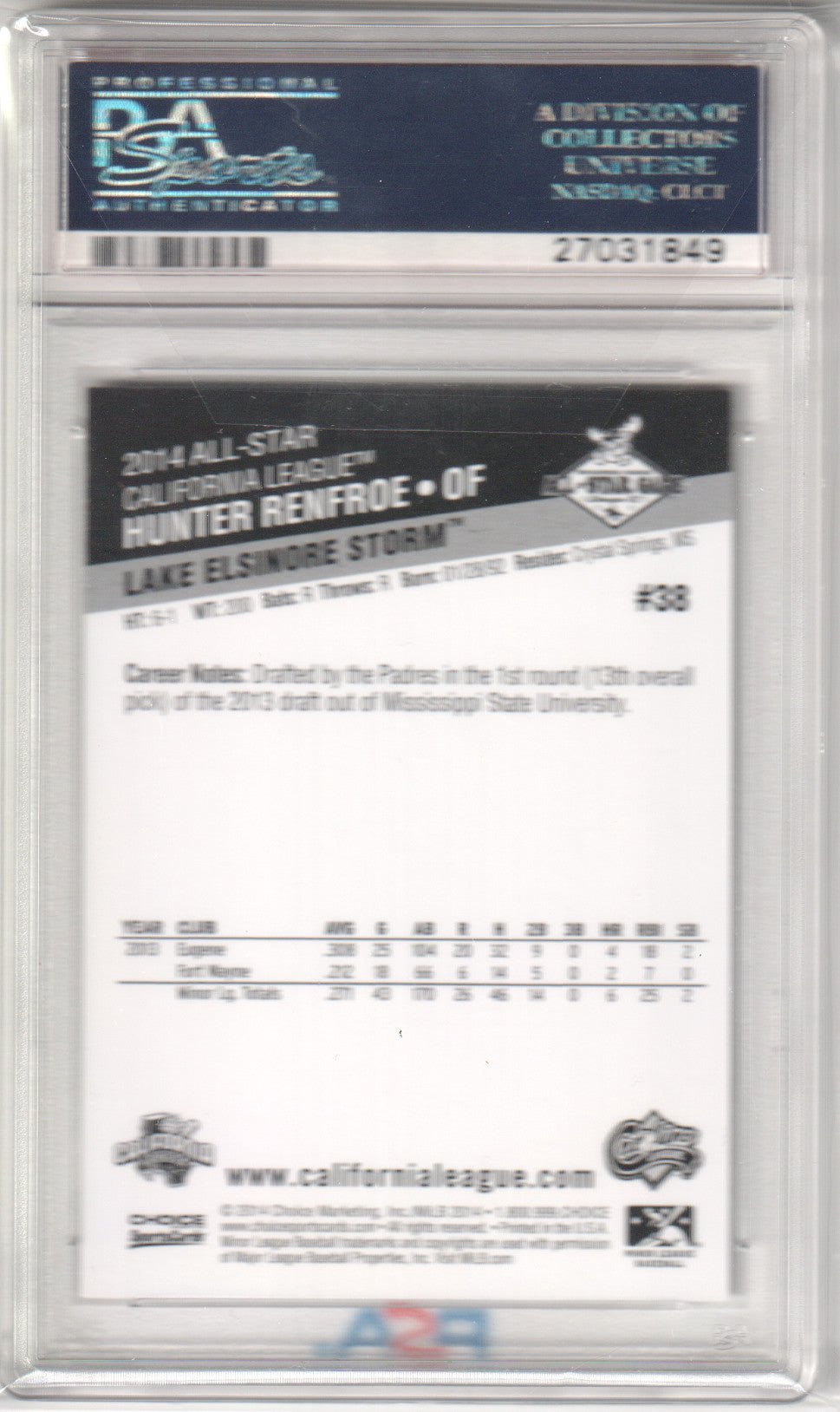 HUNTER RENFROE 2014 Choice Cal/Carolina League All - Star Game 38 PSA 10 GEM MINT - Columbia Hobby - Sports Card Boxes - Toploaders - Card Savers