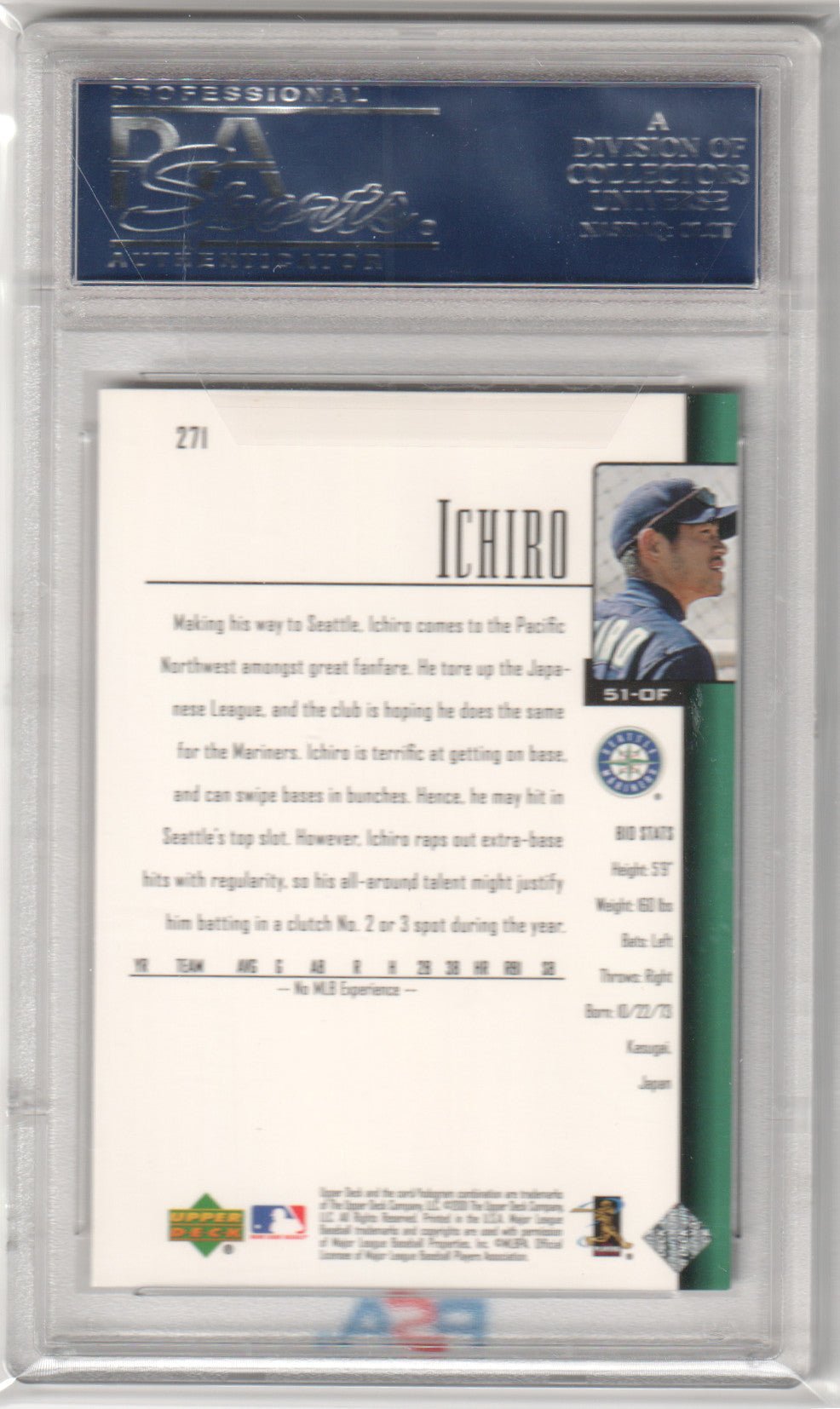 ICHIRO 2001 Upper Deck RC Rookie #271 PSA 9 MINT - MARINERS - Columbia Hobby - Sports Card Boxes - Toploaders - Card Savers