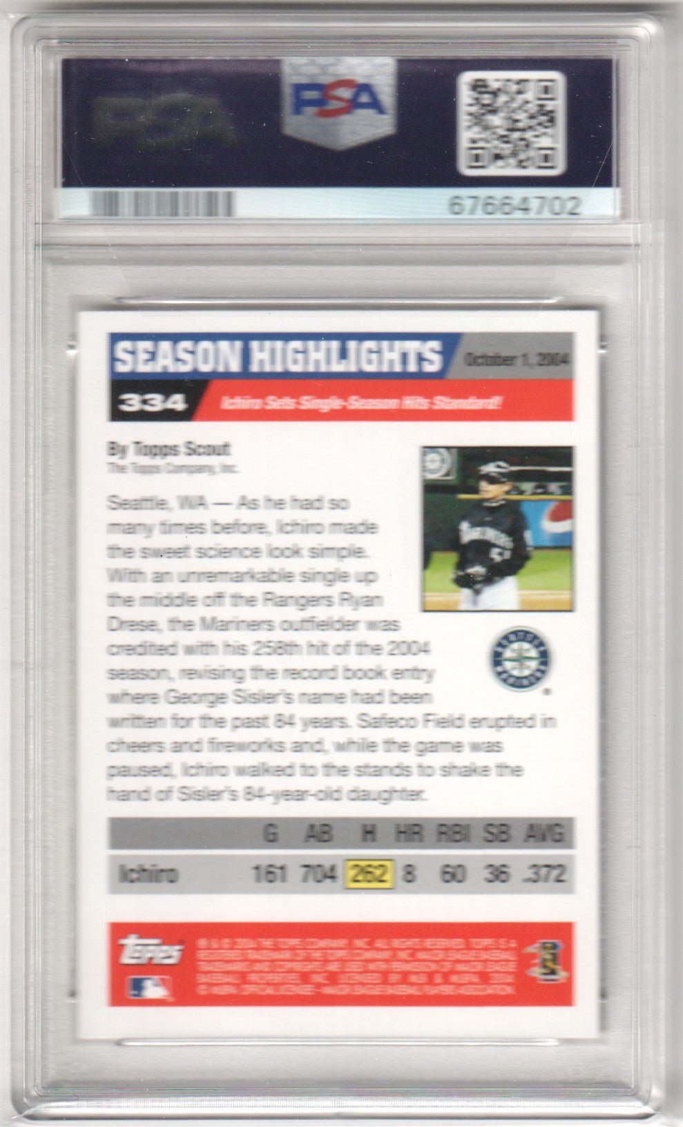 ICHIRO 2005 Topps #334 PSA 9 MINT - MARINERS - Columbia Hobby - Sports Card Boxes - Toploaders - Card Savers