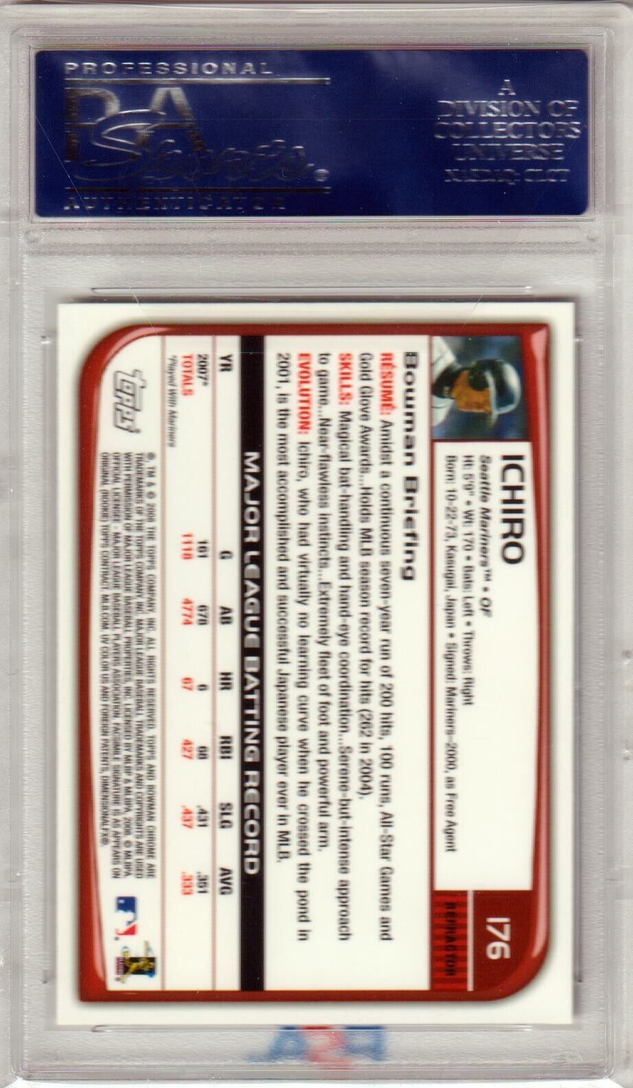 ICHIRO 2008 Bowman Chrome Refractor #176 PSA 10 GEM MINT - MARINERS - Columbia Hobby - Sports Card Boxes - Toploaders - Card Savers