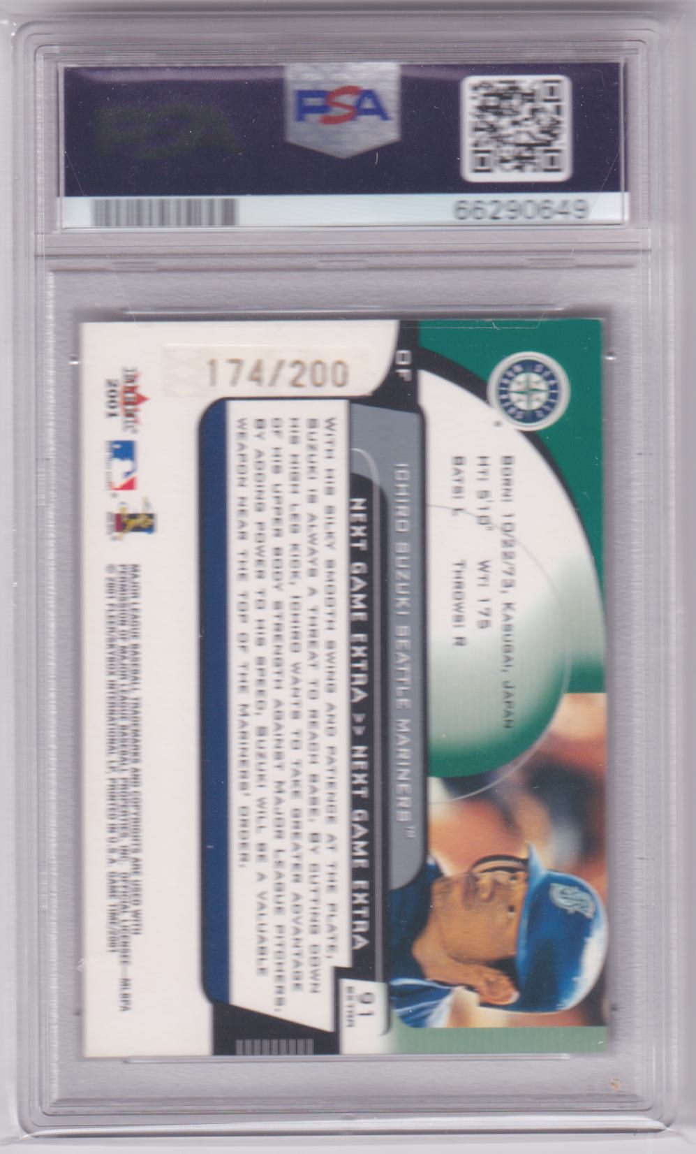 ICHIRO SUZUKI 2001 Fleer Game Time RC Rookie SP #/200 Next Extra PSA 8 MARINERS - Columbia Hobby - Sports Card Boxes - Toploaders - Card Savers