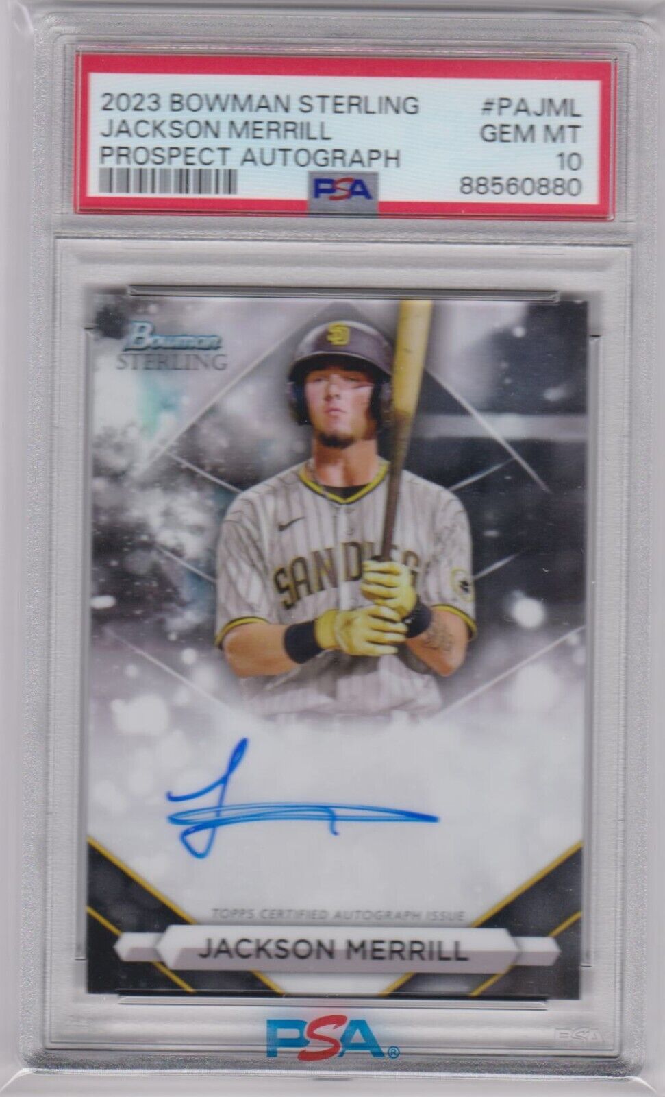JACKSON MERRELL 2023 Bowman Sterling RC Rookie Autograph Auto PSA 10 GEM PADRES - Columbia Hobby - Sports Card Boxes - Toploaders - Card Savers