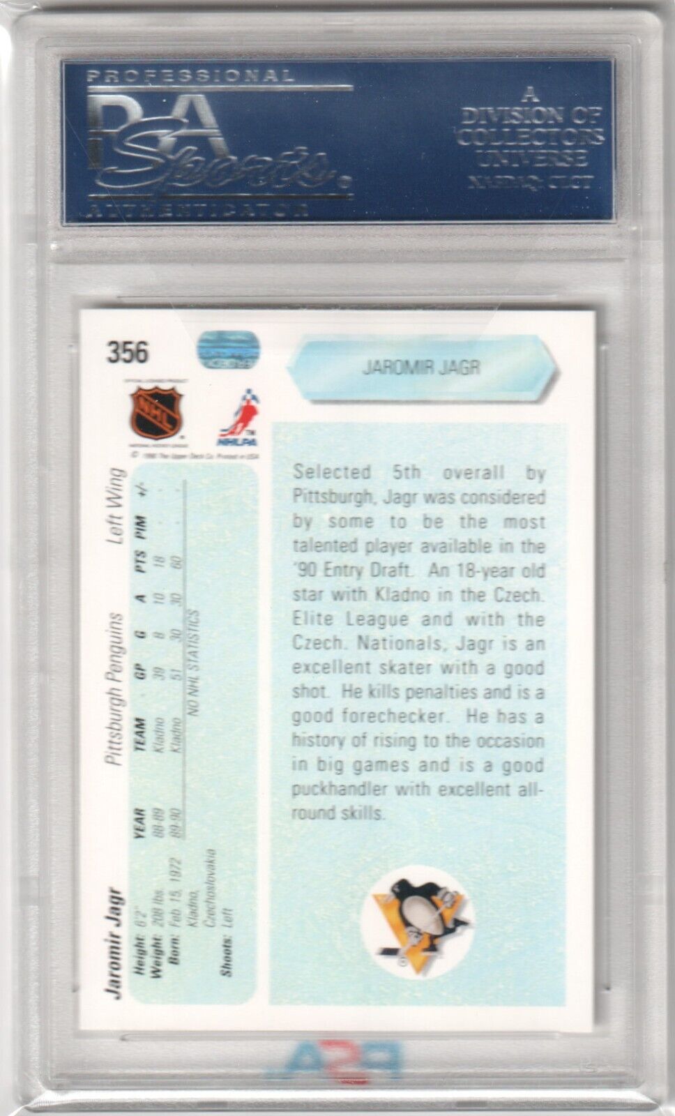JARAMIR JAGR 1990 - 91 Upper Deck RC rookie #356 PSA 10 GEM MINT - PENGUINS - Columbia Hobby - Sports Card Boxes - Toploaders - Card Savers
