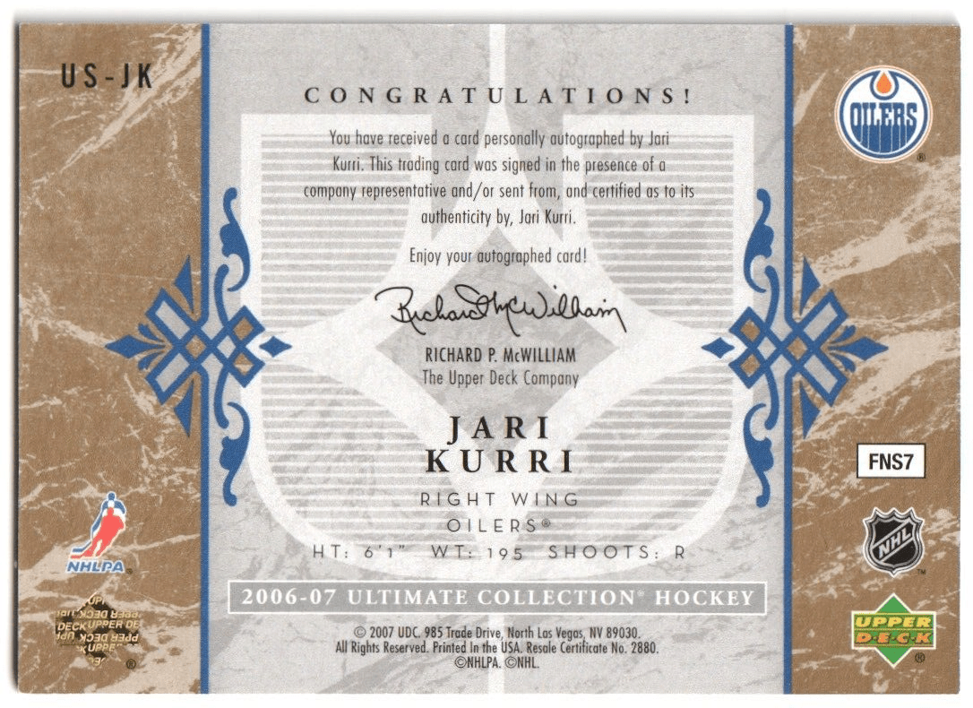 JARI KURRI 2006 - 07 Upper Deck Ultimate Collection Autograph Auto - OILERS - Columbia Hobby - Sports Card Boxes - Toploaders - Card Savers