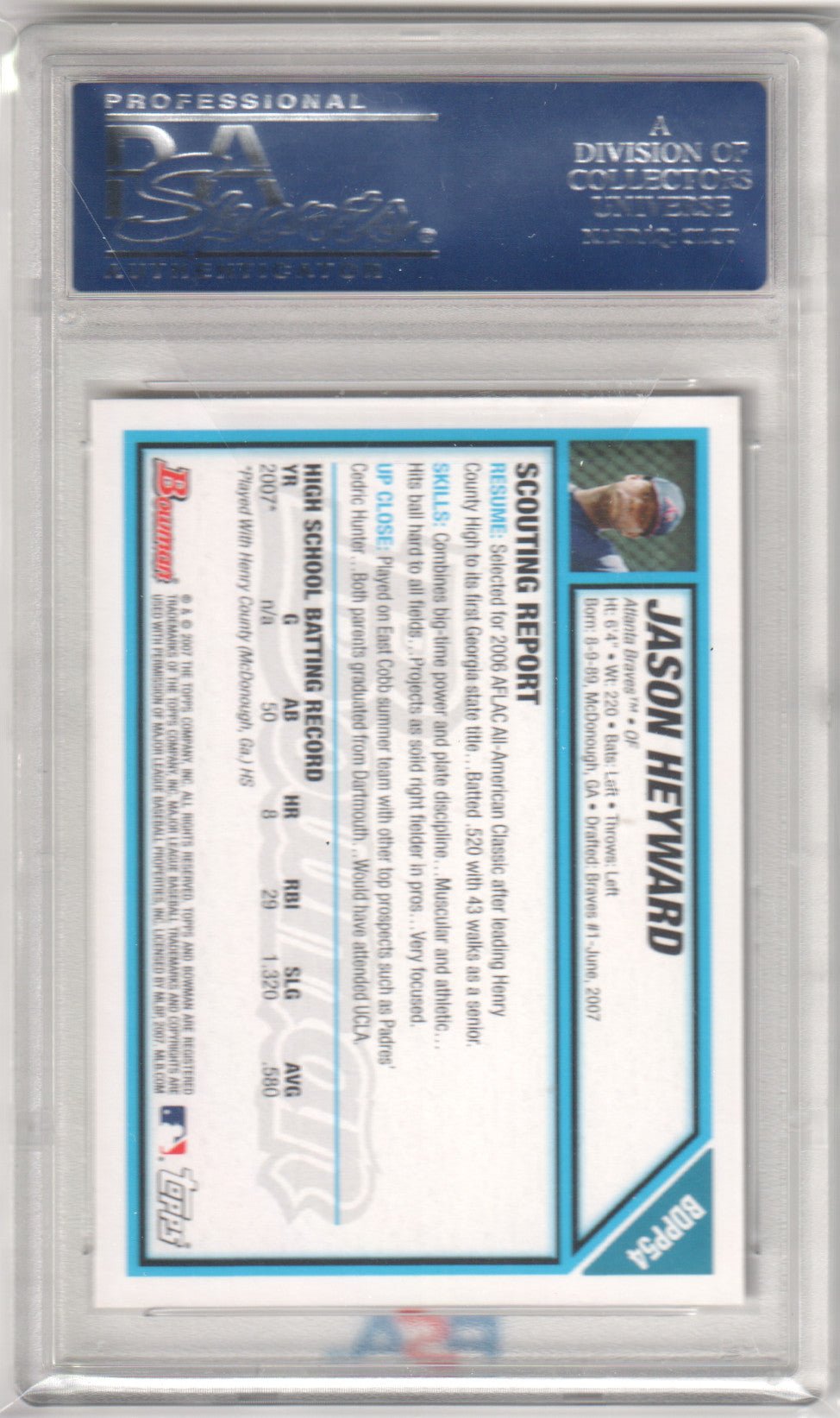 JASON HEYWARD 2007 Bowman Draft Picks RC Rookie BDPP54 PSA 10 GEM MINT - Columbia Hobby - Sports Card Boxes - Toploaders - Card Savers