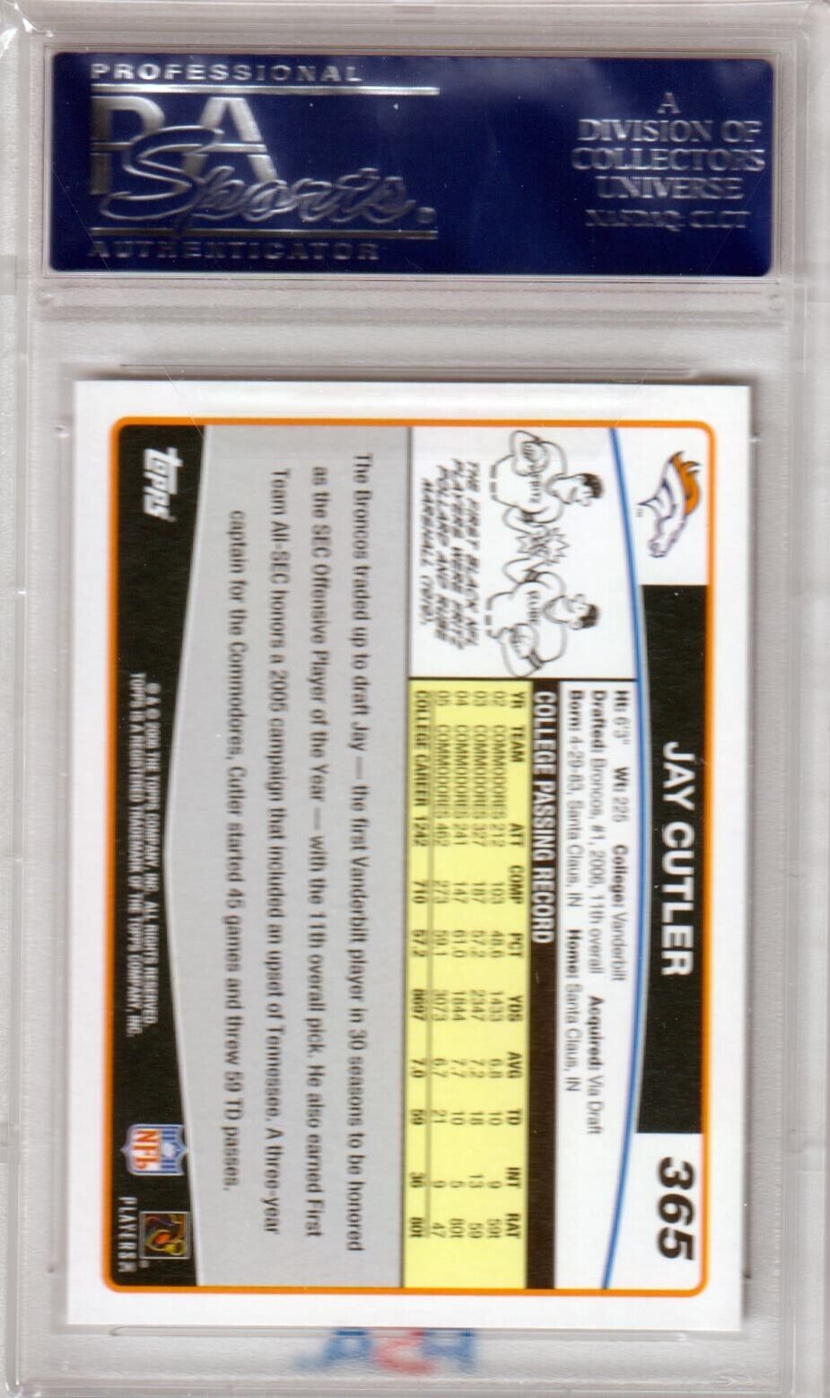 JAY CUTLER 2006 Topps RC Rookie #365 PSA 10 GEM MINT - BRONCOS - Columbia Hobby - Sports Card Boxes - Toploaders - Card Savers