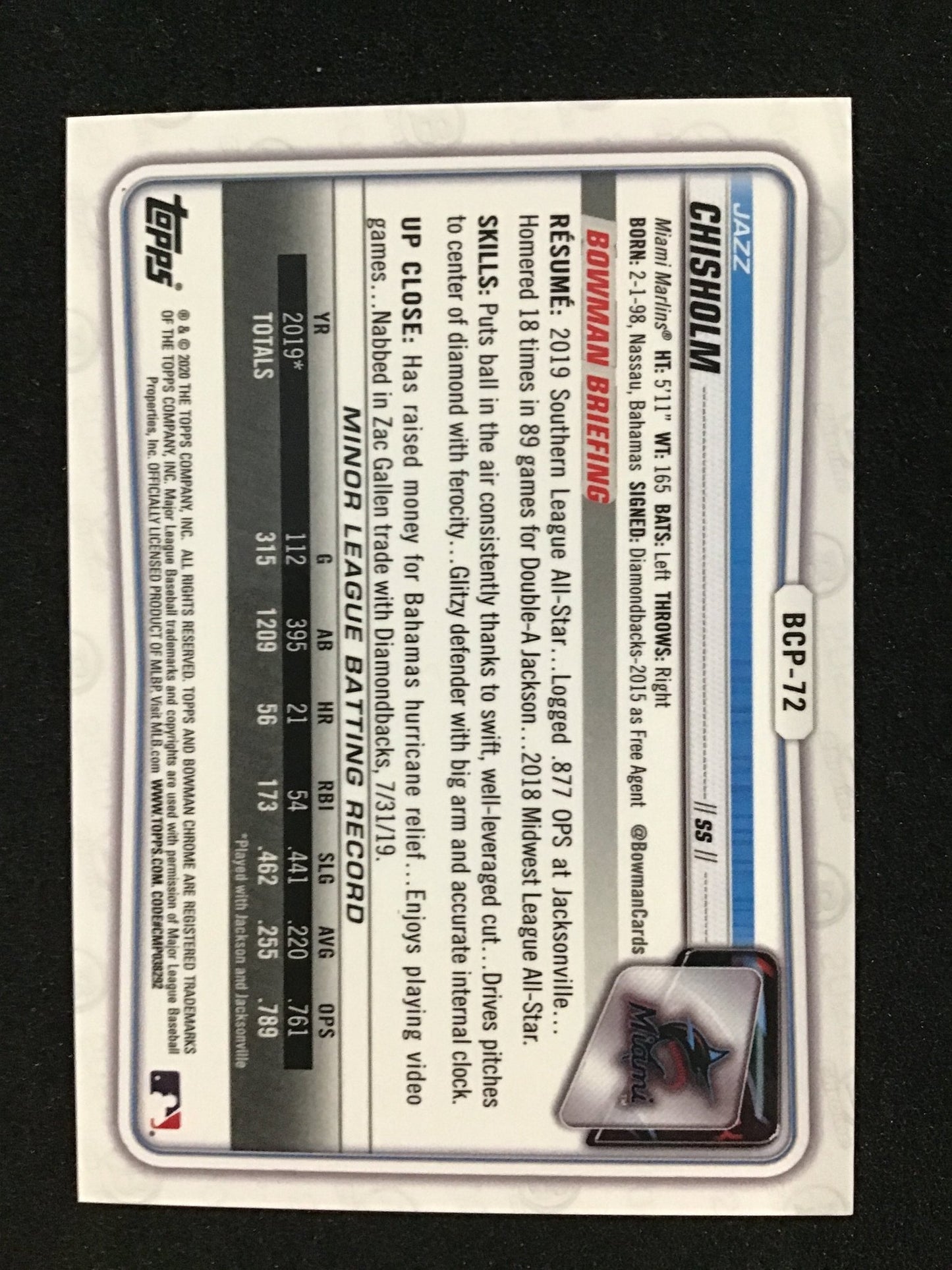 Jazz Chisholm 2020 Bowman Chrome Prospects Green Refractor /99 BCP - 72 Marlins - Columbia Hobby - Sports Card Boxes - Toploaders - Card Savers