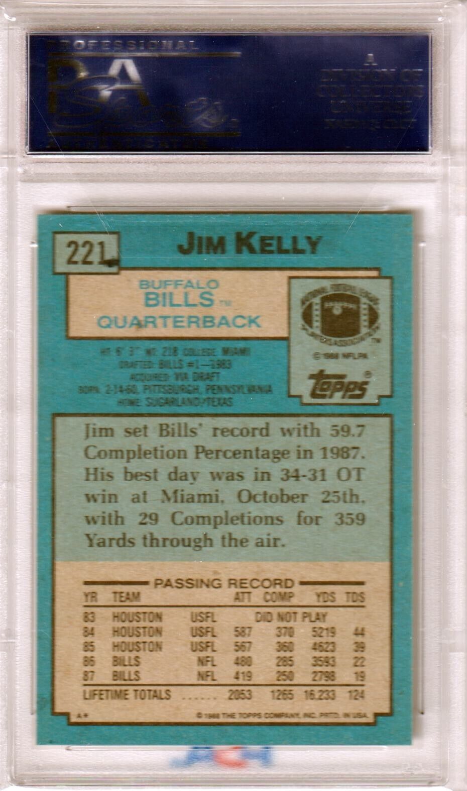 JIM KELLY 1988 Topps #221 PSA 10 GEM MINT HOF - BILLS - Columbia Hobby - Sports Card Boxes - Toploaders - Card Savers
