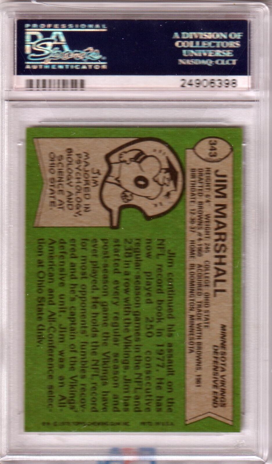 JIM MARSHALL 1978 Topps #343 PSA 9 MINT - VIKINGS - Columbia Hobby - Sports Card Boxes - Toploaders - Card Savers