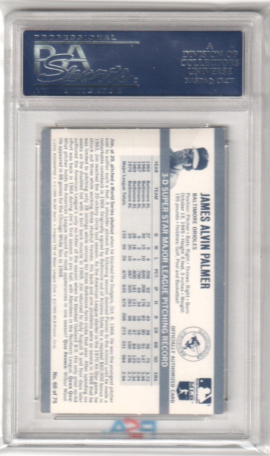 JIM PALMER 1973 Kellogg's 3 - D Super Stars #60 PSA 7 NM - ORIOLES - Columbia Hobby - Sports Card Boxes - Toploaders - Card Savers