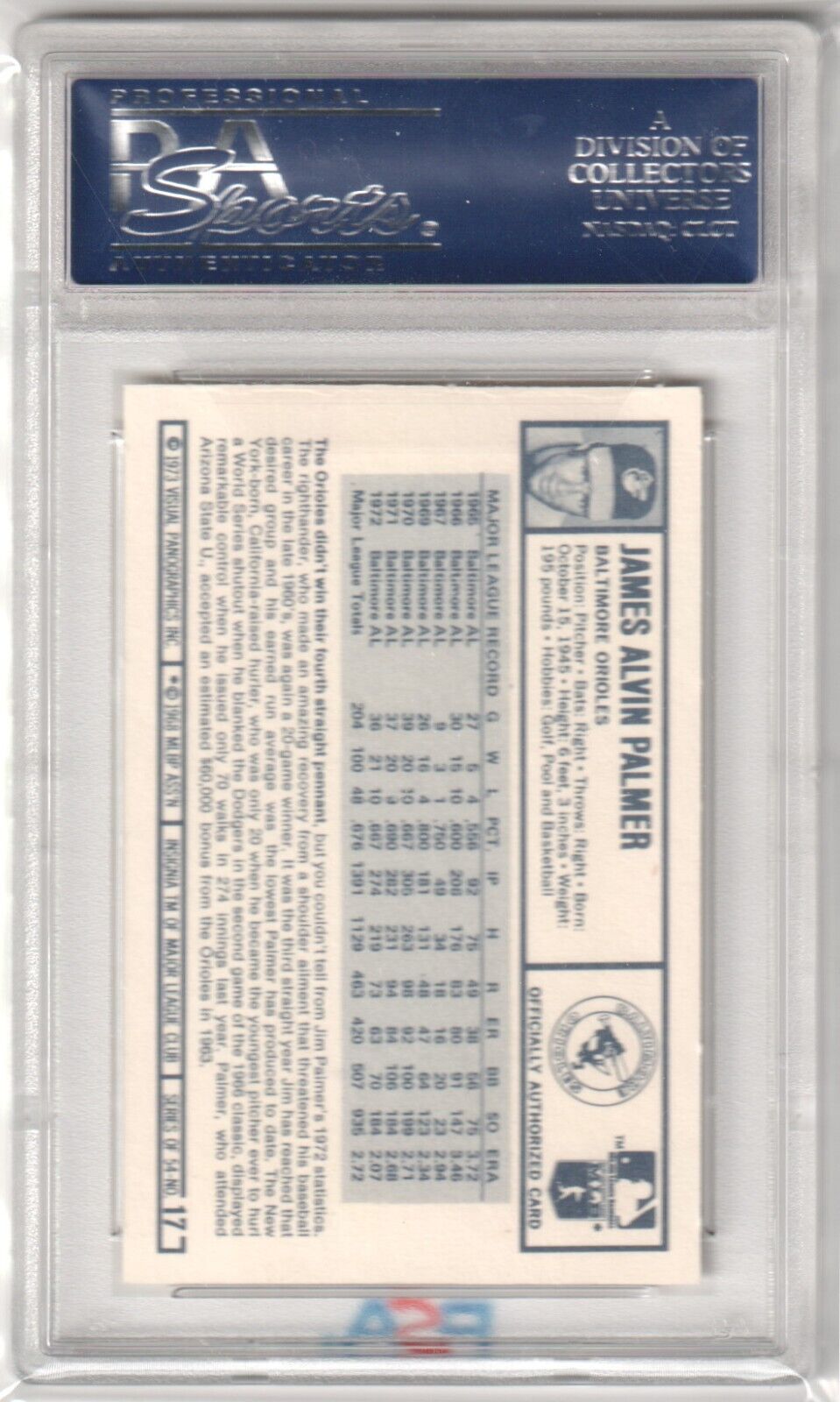 JIM PALMER 1973 Kellogg's Pro Super Stars #17 PSA 10 GEM MINT - ORIOLES - Columbia Hobby - Sports Card Boxes - Toploaders - Card Savers