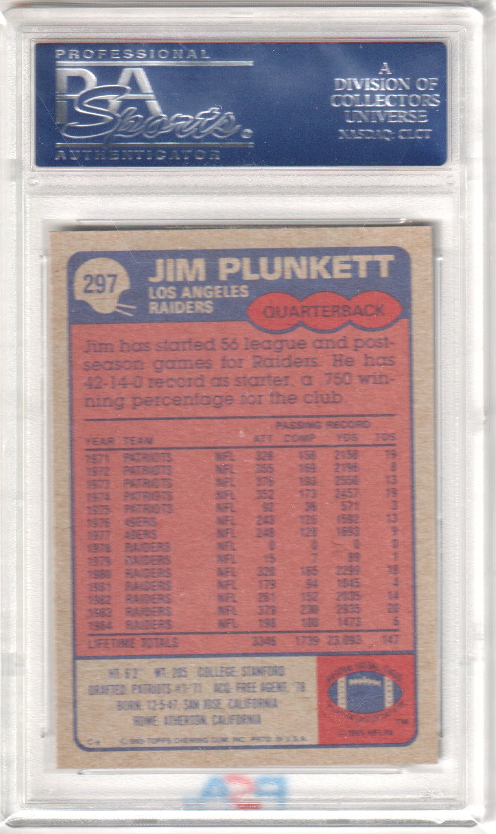 JIM PLUNKETT 1985 Topps 297 PSA 9 MINT - RAIDERS - Columbia Hobby - Sports Card Boxes - Toploaders - Card Savers