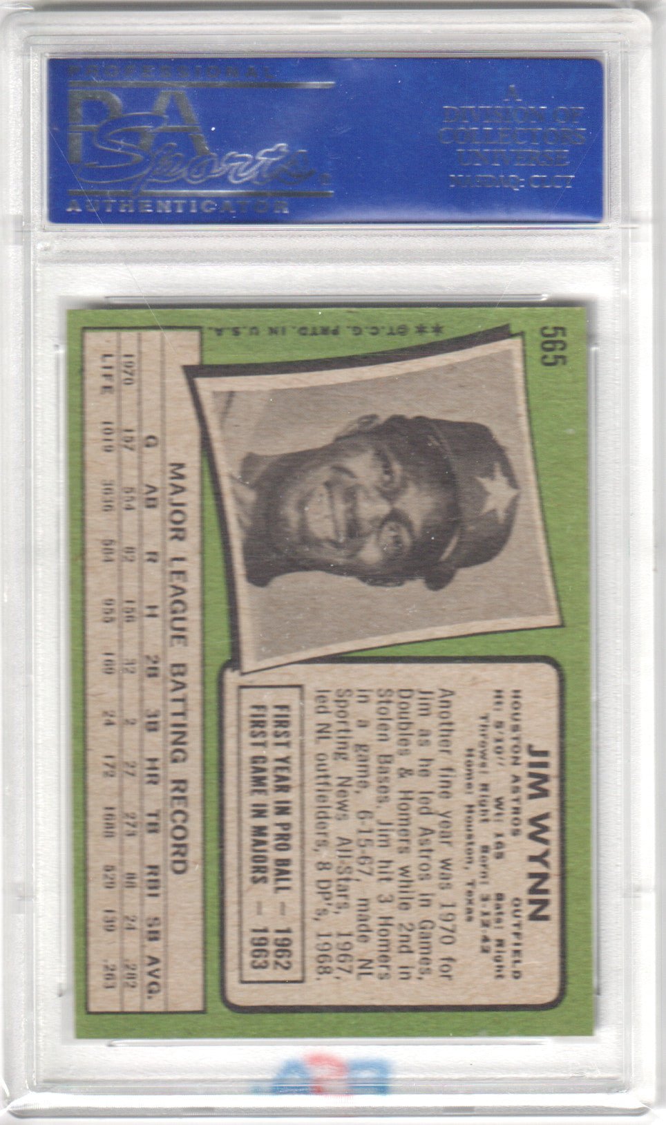 JIM WYNN 1971 Topps #565 PSA 8 NM - MT - ASTROS - Columbia Hobby - Sports Card Boxes - Toploaders - Card Savers