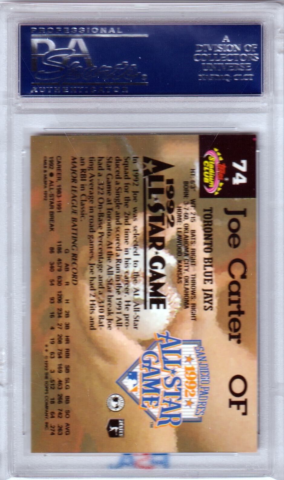 JOE CARTER 1993 Topps Stadium Club Murphy #74 PSA 10 GEM MINT - BLUE JAYS POP 1 - Columbia Hobby - Sports Card Boxes - Toploaders - Card Savers