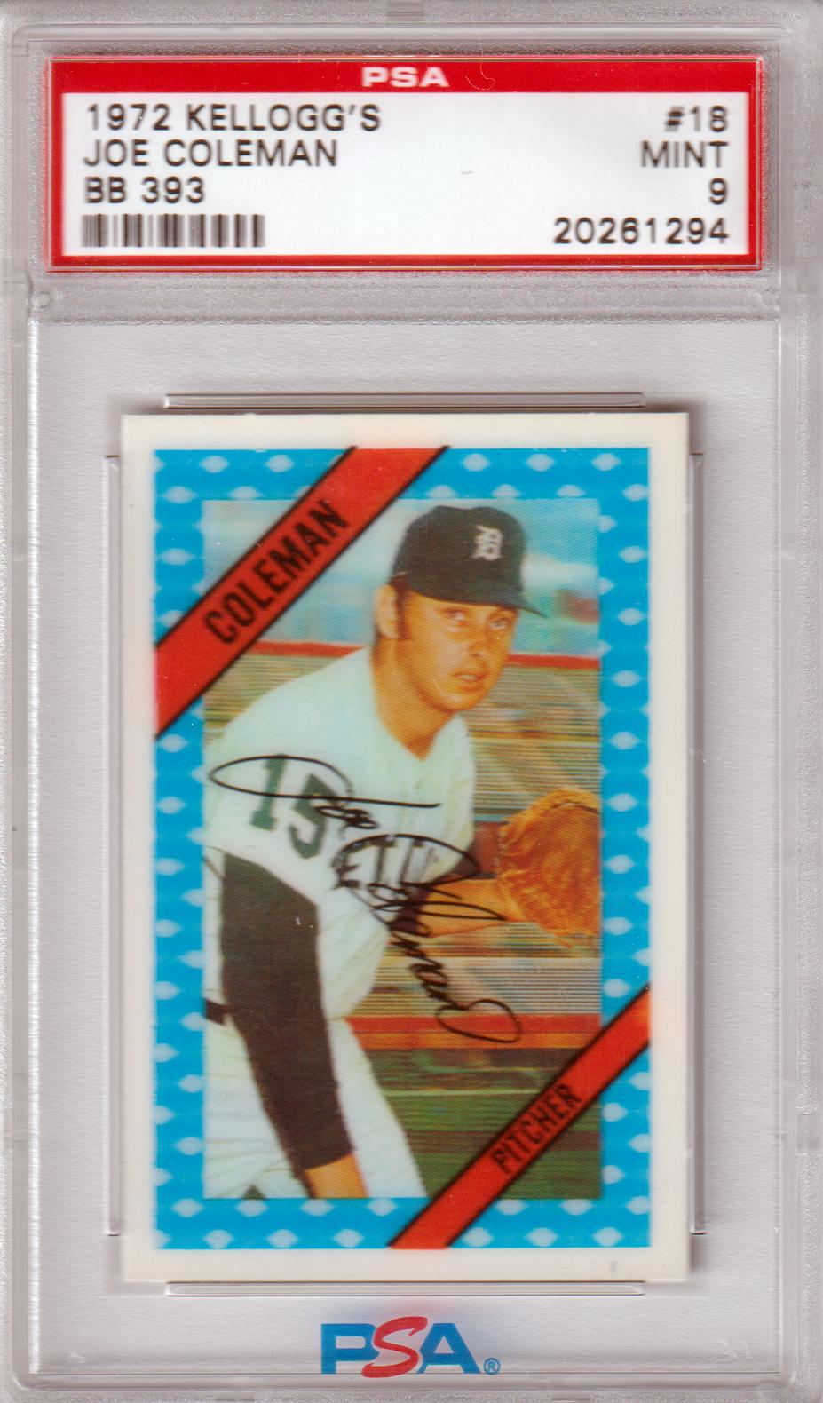 JOE COLEMAN 1972 Kellogg's #18 BB 393 PSA 9 MINT - TIGERS - Columbia Hobby - Sports Card Boxes - Toploaders - Card Savers