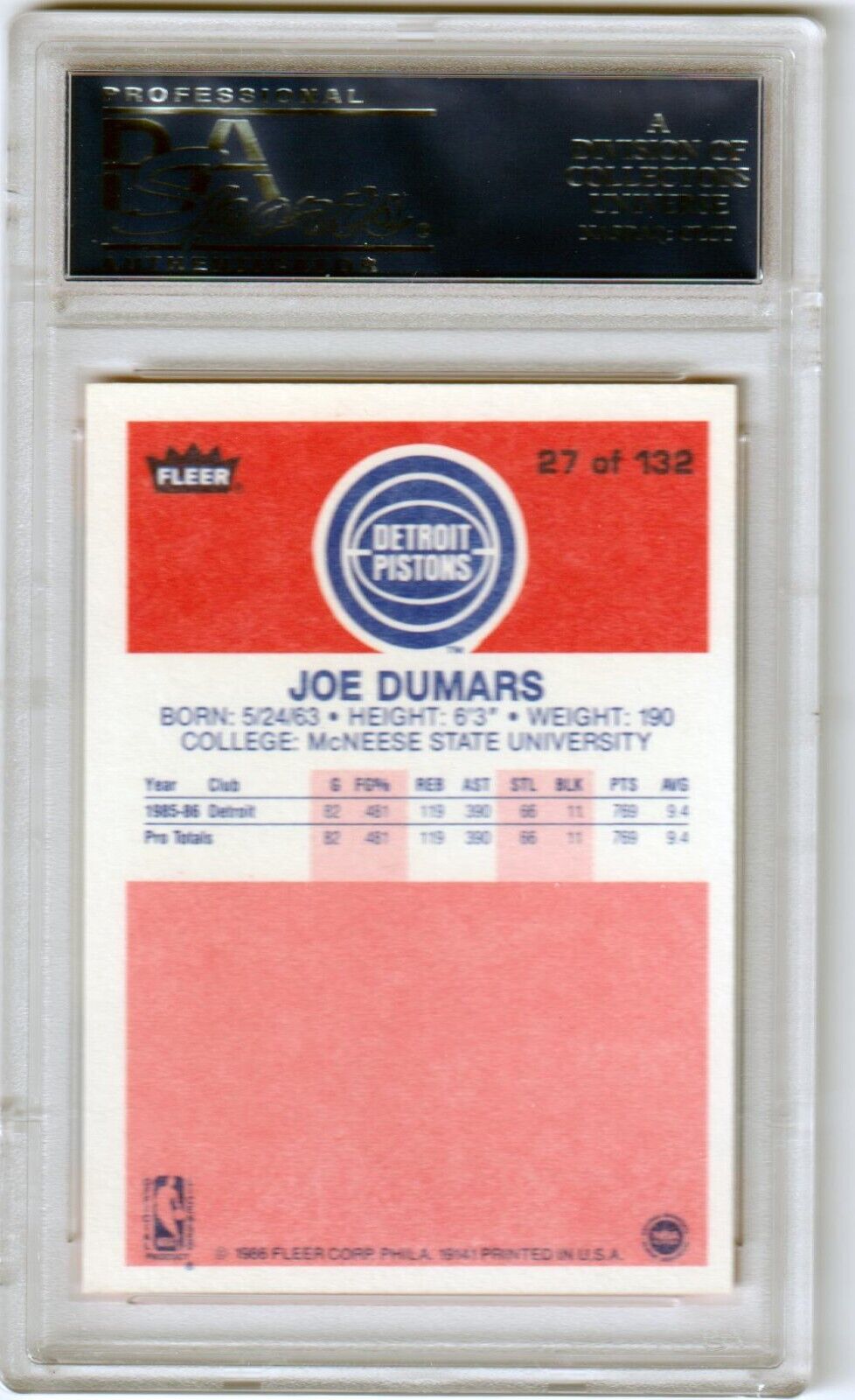 JOE DUMARS 1986 - 87 Fleer Rookie RC #27 PSA 8.5 NM - MT+ - PISTONS - Columbia Hobby - Sports Card Boxes - Toploaders - Card Savers
