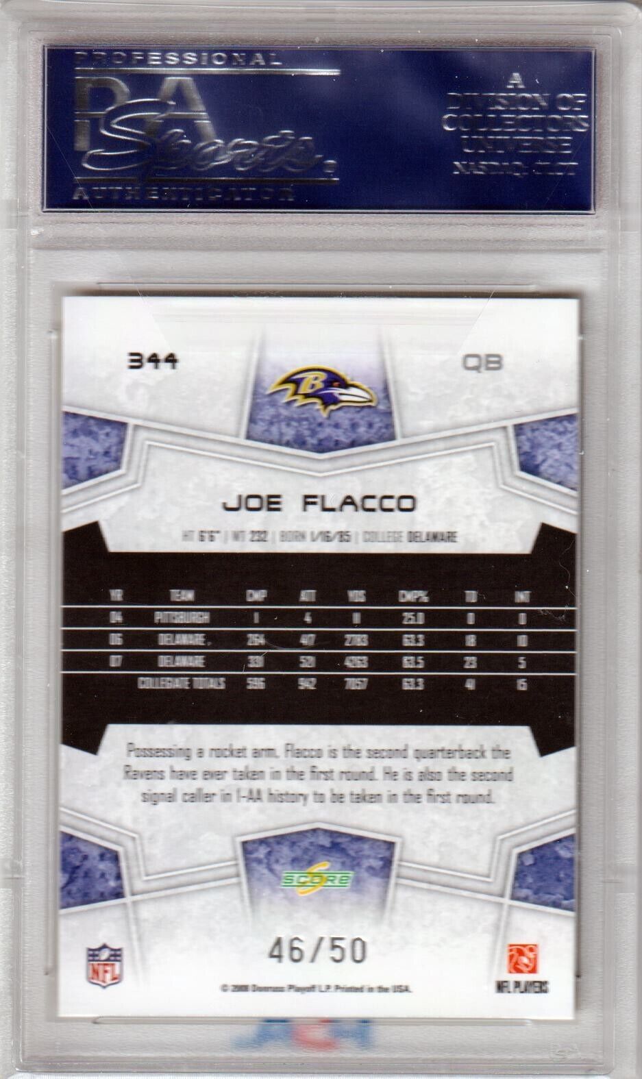 JOE FLACCO 2008 Score Select Gold Zone Rookie RC #/50 PSA 10 GEM MINT - RAVENS - Columbia Hobby - Sports Card Boxes - Toploaders - Card Savers