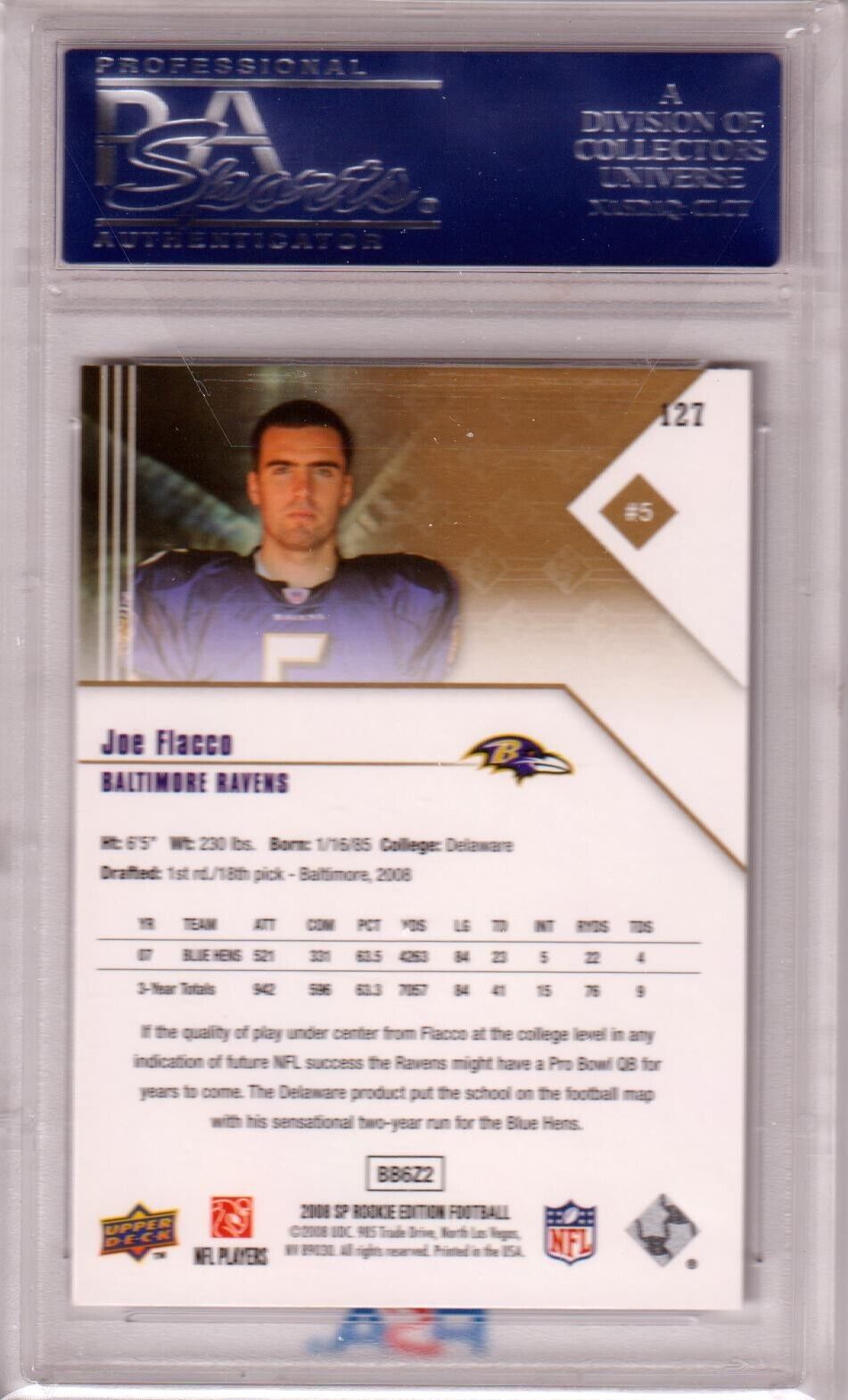 JOE FLACCO 2008 Upper Deck SP Rookie RC #127 PSA 10 GEM MINT - RAVENS - Columbia Hobby - Sports Card Boxes - Toploaders - Card Savers