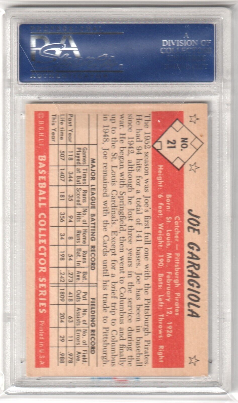 JOE GARAGIOLA 1953 Bowman Color #21 PSA 4 VG - EX - PIRATES - Columbia Hobby - Sports Card Boxes - Toploaders - Card Savers